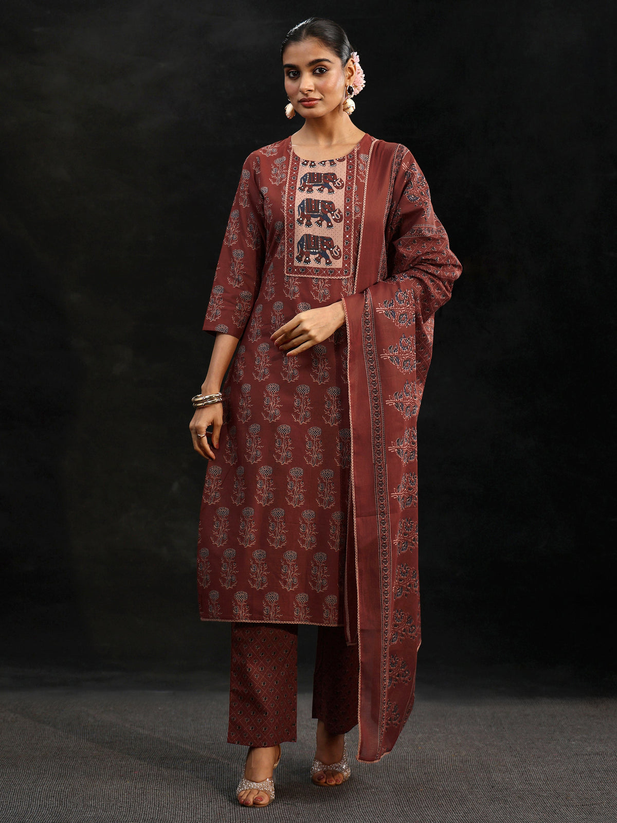 Anouk Rust Brown Ajrakh-Inspired Cotton Straight Suit Set