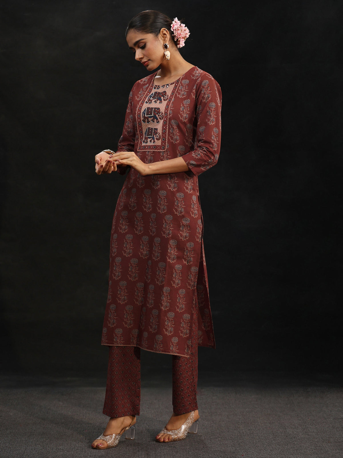 Anouk Rust Brown Ajrakh-Inspired Cotton Straight Suit Set