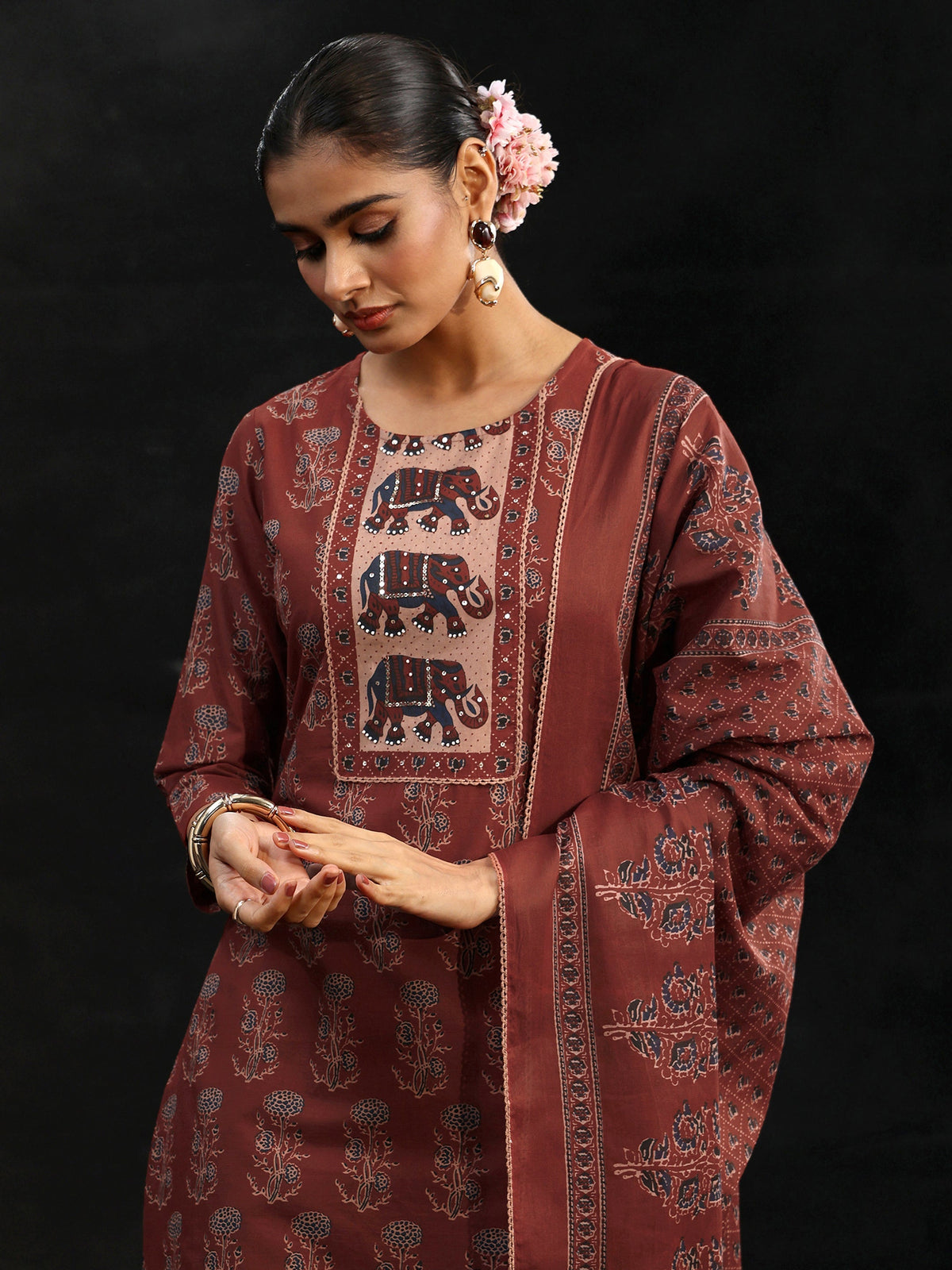 Anouk Rust Brown Ajrakh-Inspired Cotton Straight Suit Set