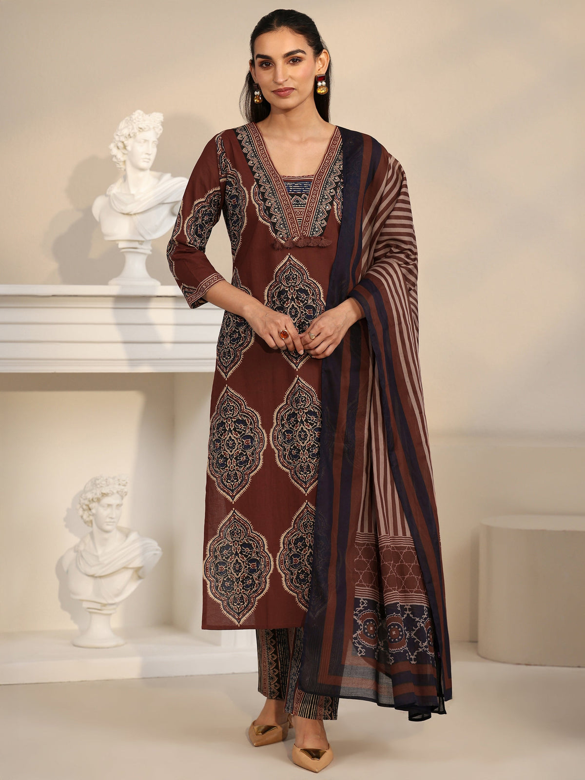 Anouk Maroon Red Printed Cotton Straight Suit Set with Tassel Yoke