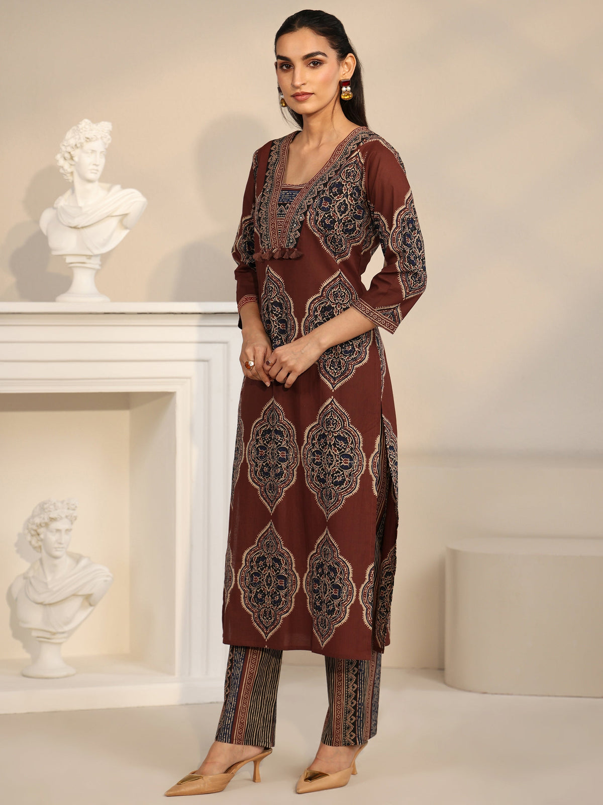 Anouk Maroon Red Printed Cotton Straight Suit Set with Tassel Yoke