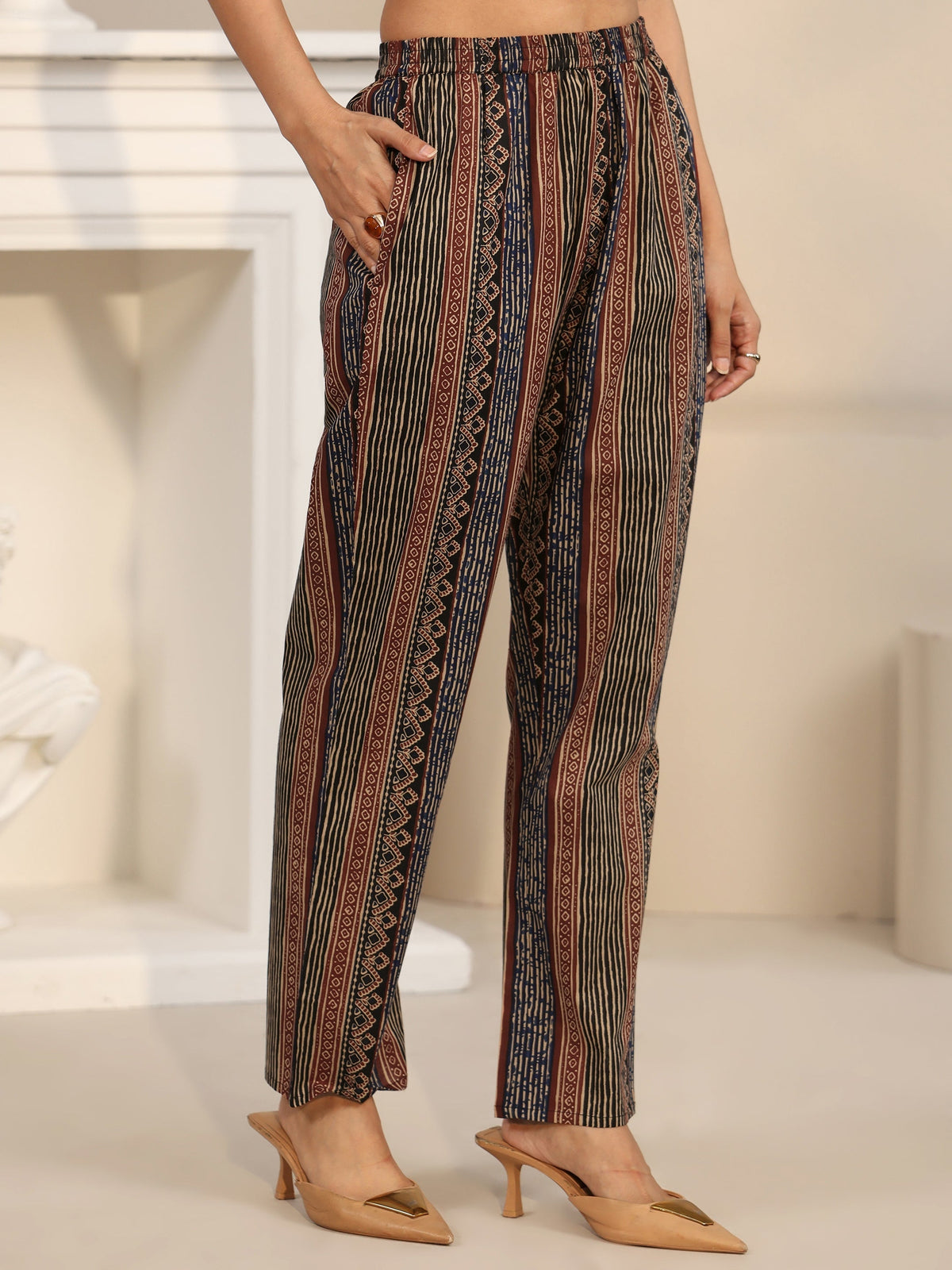 Anouk Maroon Red Printed Cotton Straight Suit Set with Tassel Yoke