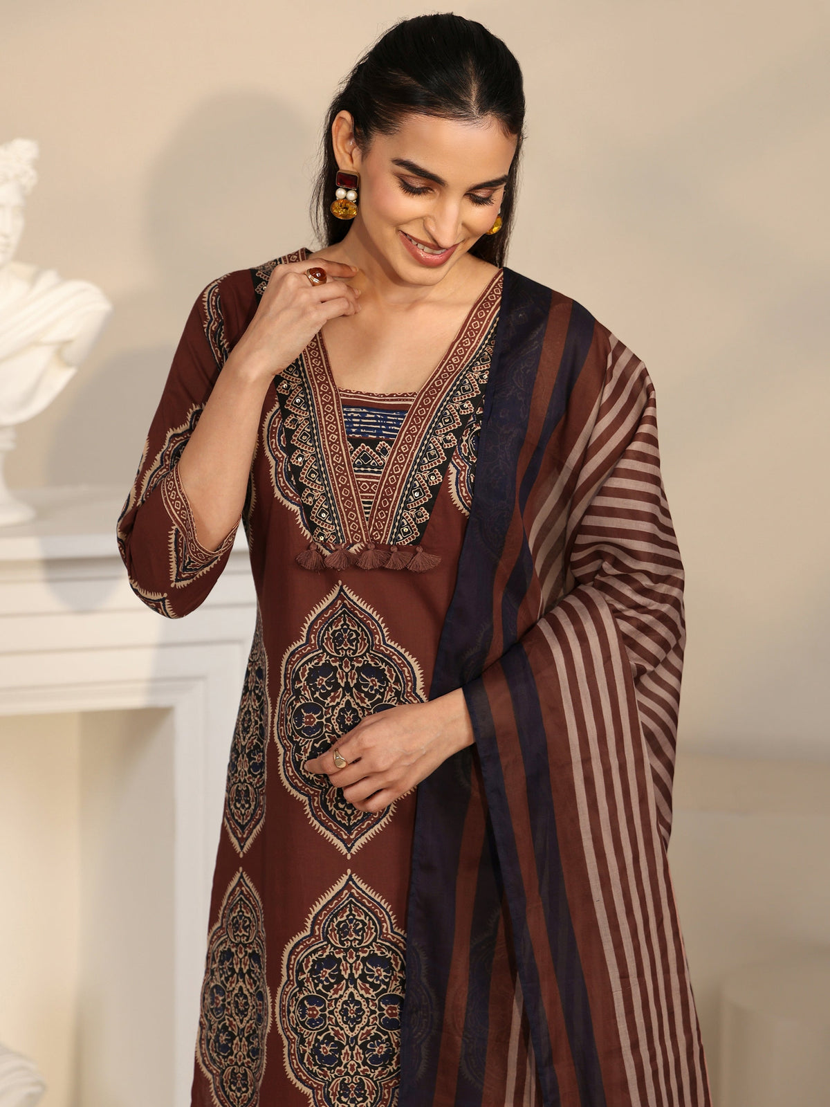 Anouk Maroon Red Printed Cotton Straight Suit Set with Tassel Yoke