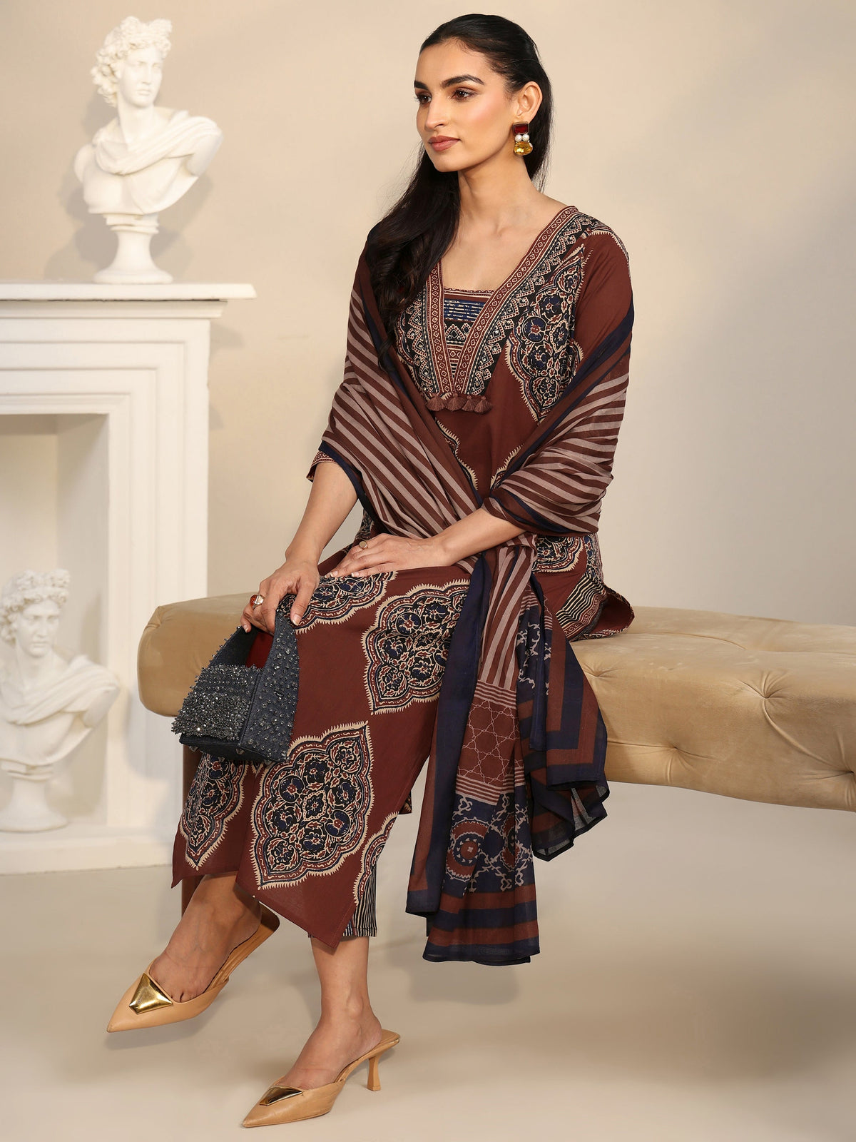 Anouk Maroon Red Printed Cotton Straight Suit Set with Tassel Yoke