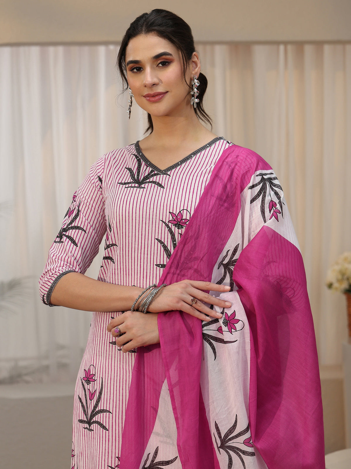 Anouk Soft Pink Floral Printed Cotton Straight Suit Set
