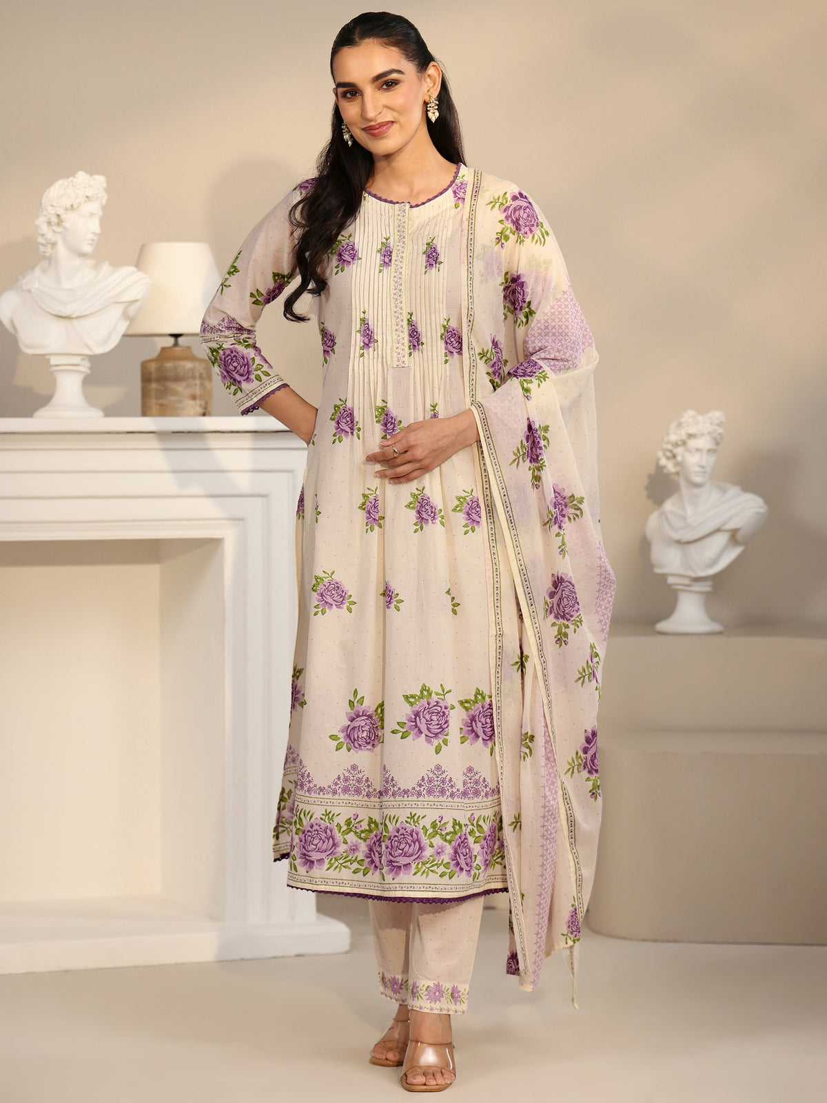 Anouk Off White Rose Print Cotton Straight Suit Set