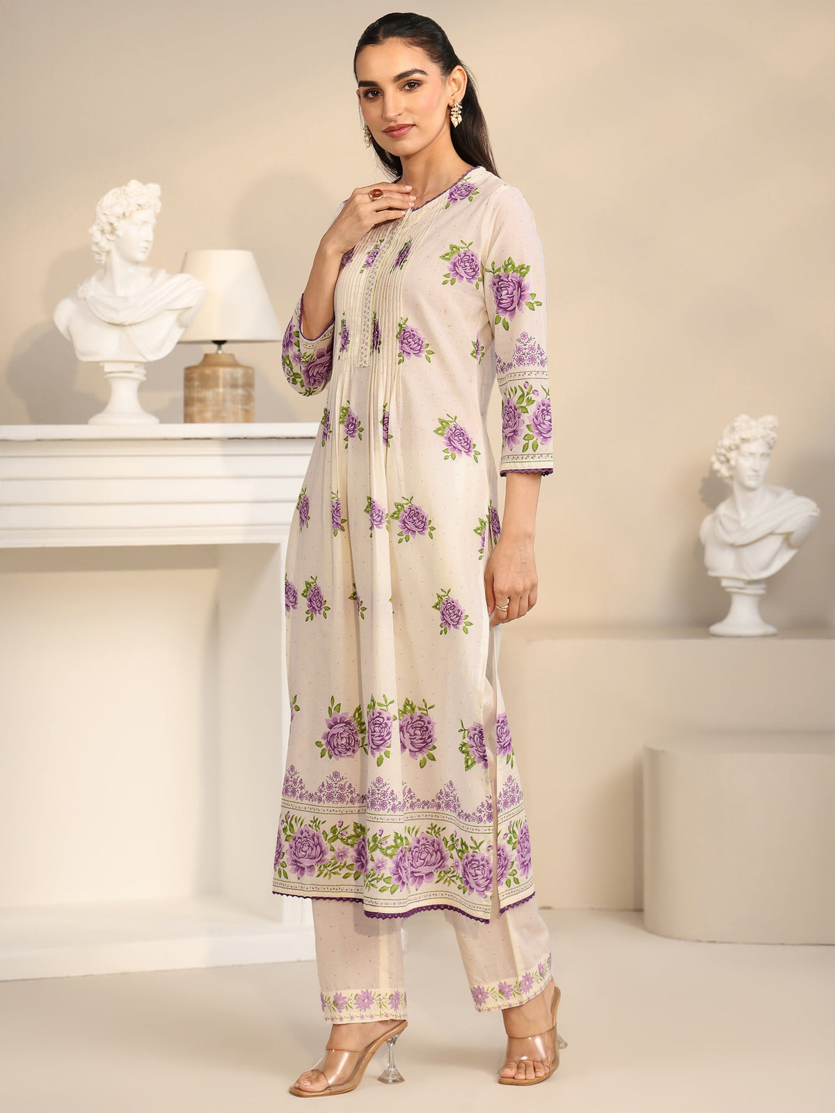 Anouk Off White Rose Print Cotton Straight Suit Set