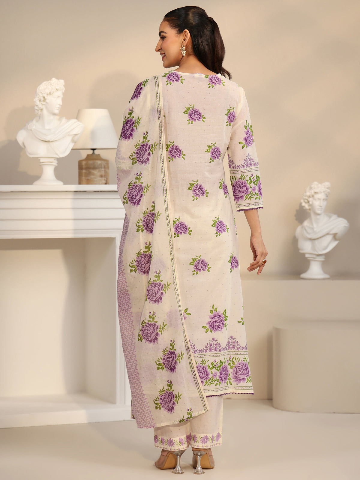 Anouk Off White Rose Print Cotton Straight Suit Set