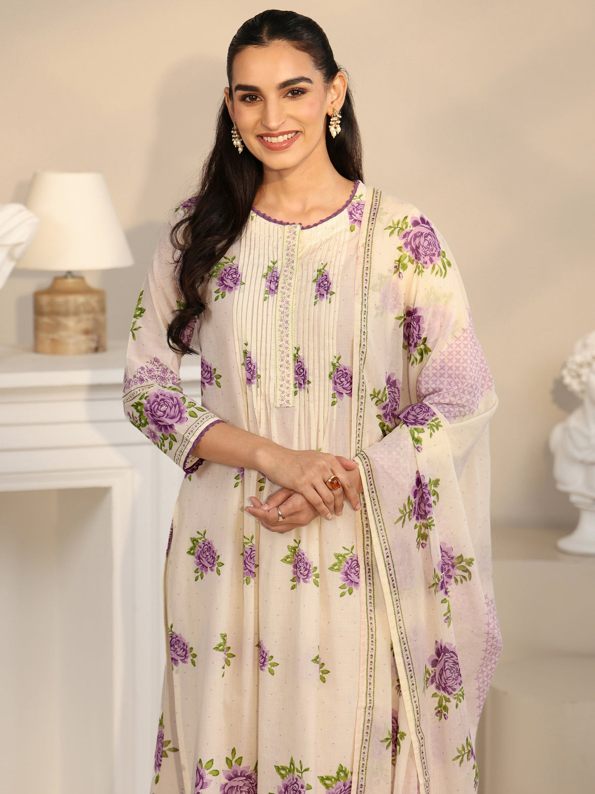 Anouk Off White Rose Print Cotton Straight Suit Set