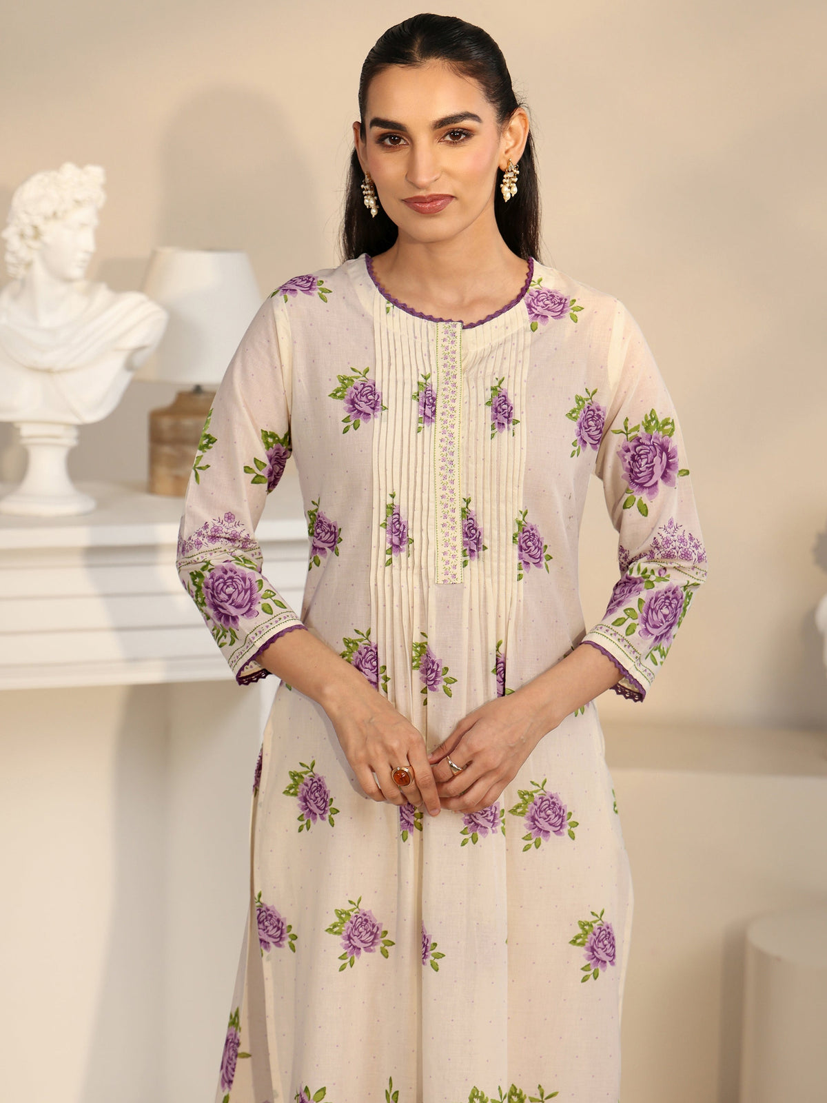 Anouk Off White Rose Print Cotton Straight Suit Set