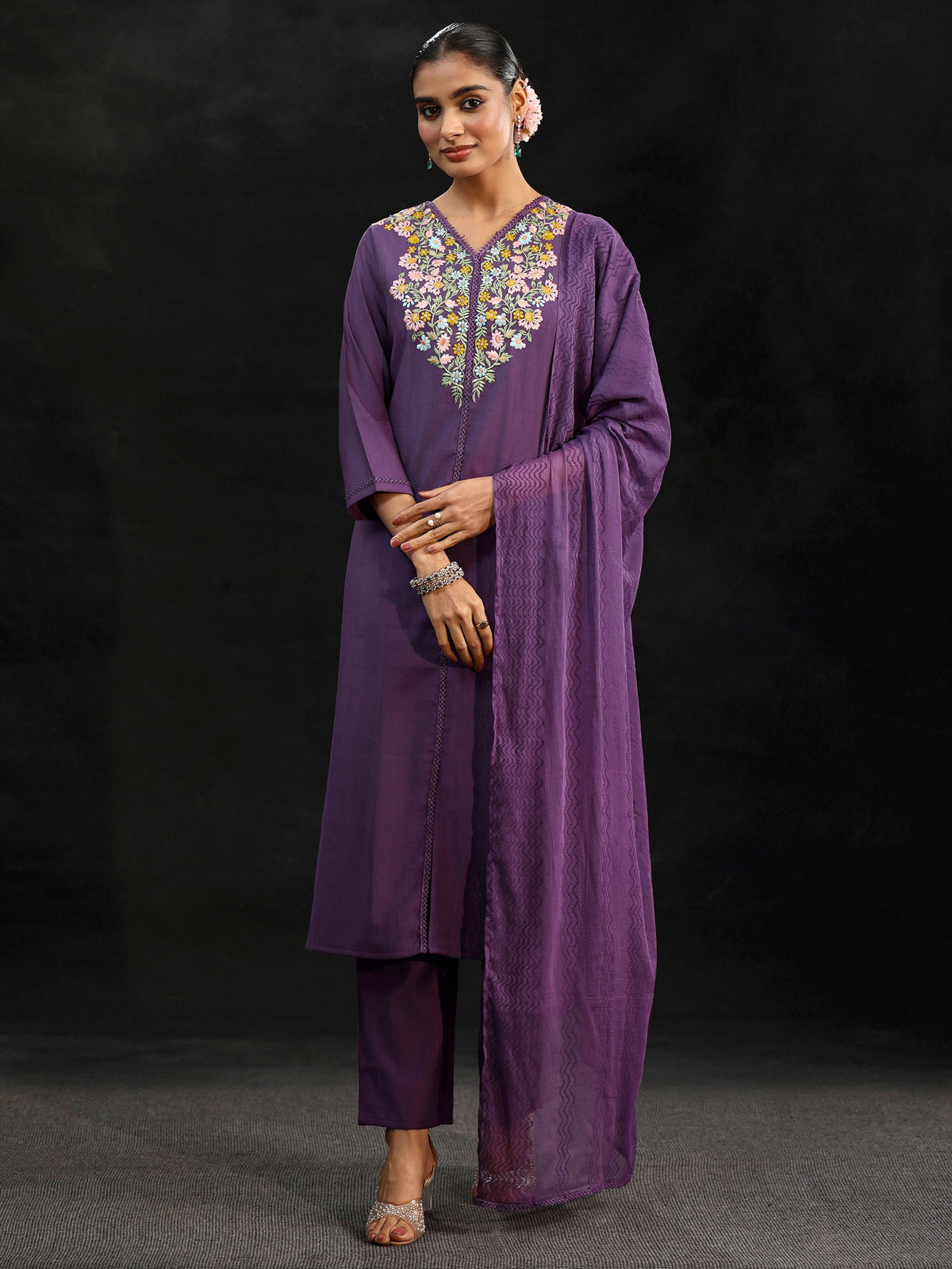 Anouk Purple Floral Embroidered Yoke Design Silk Blend Straight Suit Set
