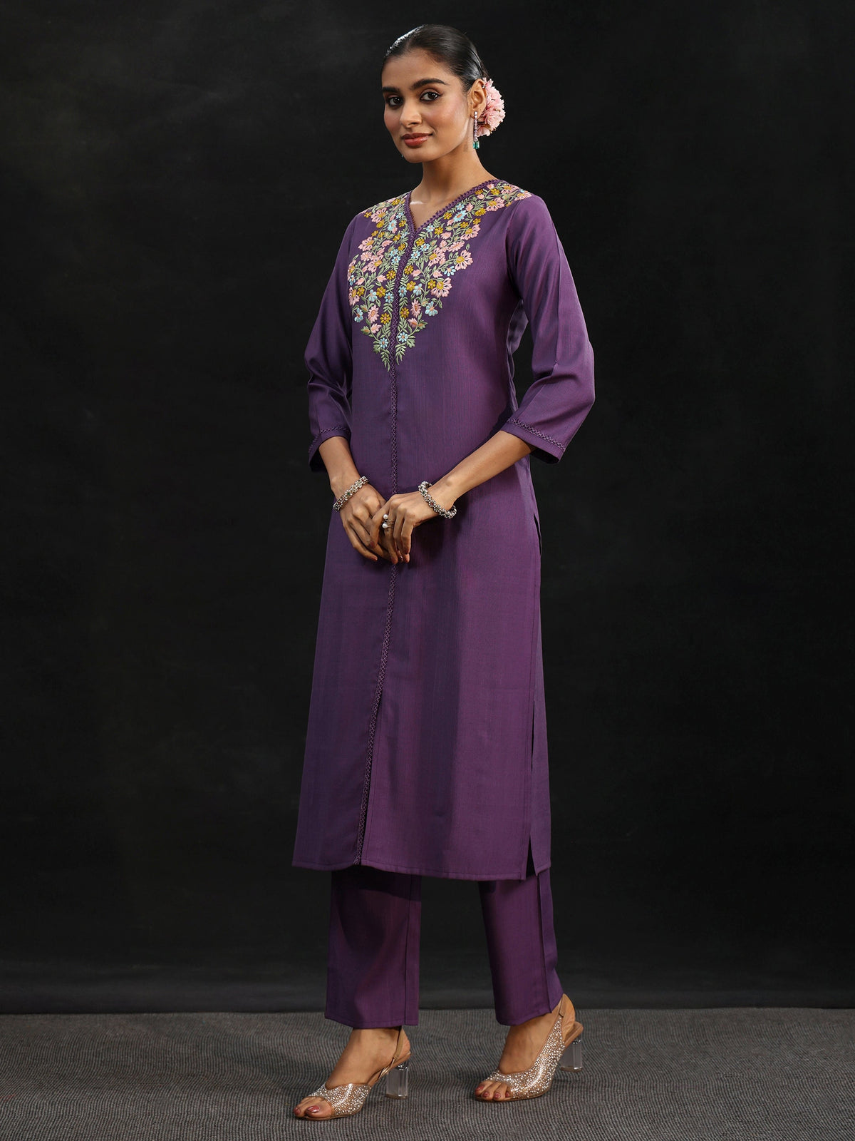 Anouk Purple Floral Embroidered Yoke Design Silk Blend Straight Suit Set