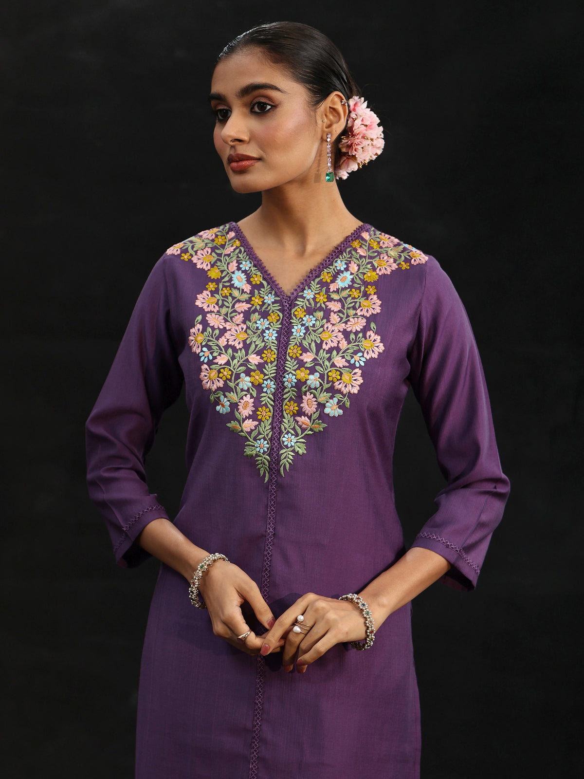 Anouk Purple Floral Embroidered Yoke Design Silk Blend Straight Suit Set