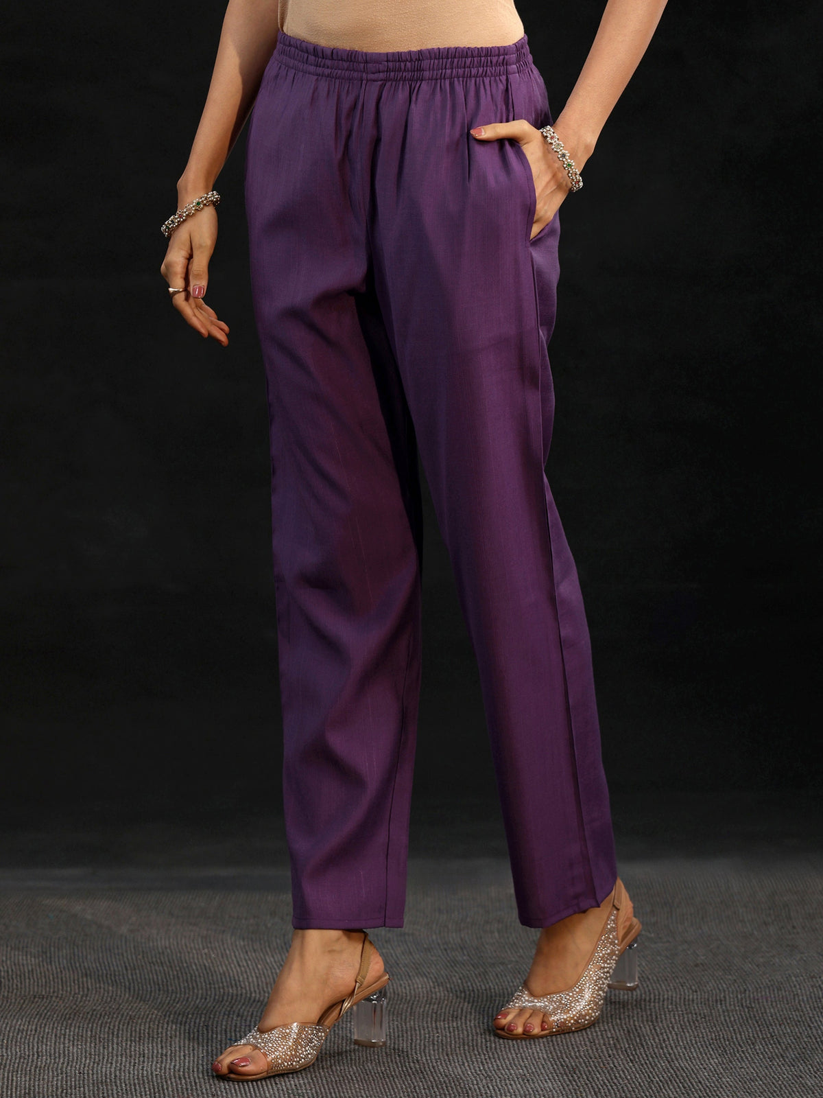 Anouk Purple Floral Embroidered Yoke Design Silk Blend Straight Suit Set