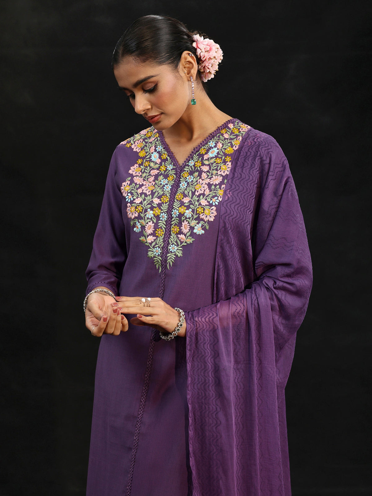 Anouk Purple Floral Embroidered Yoke Design Silk Blend Straight Suit Set