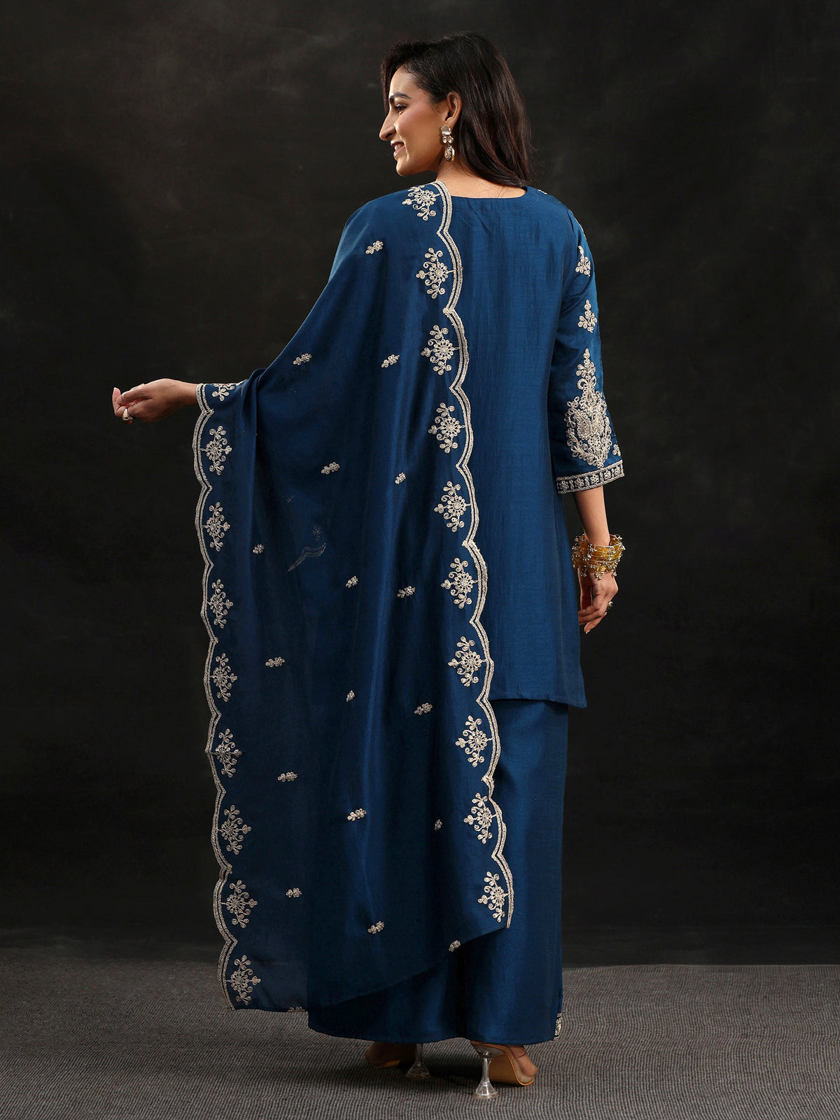 Anouk Peacock Blue Embellished Chinon Short Kurta Palazzo Suit Set