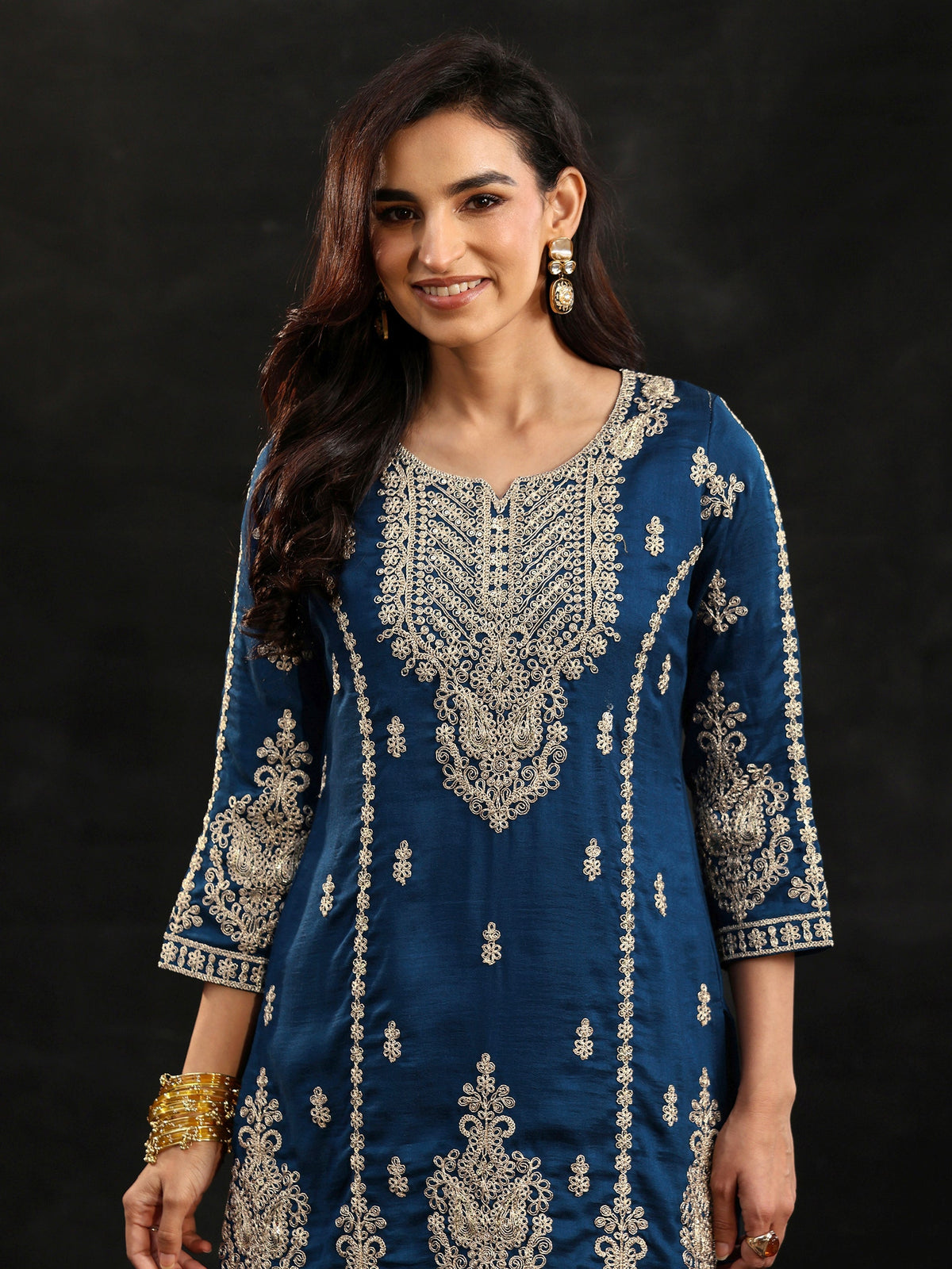 Anouk Peacock Blue Embellished Chinon Short Kurta Palazzo Suit Set