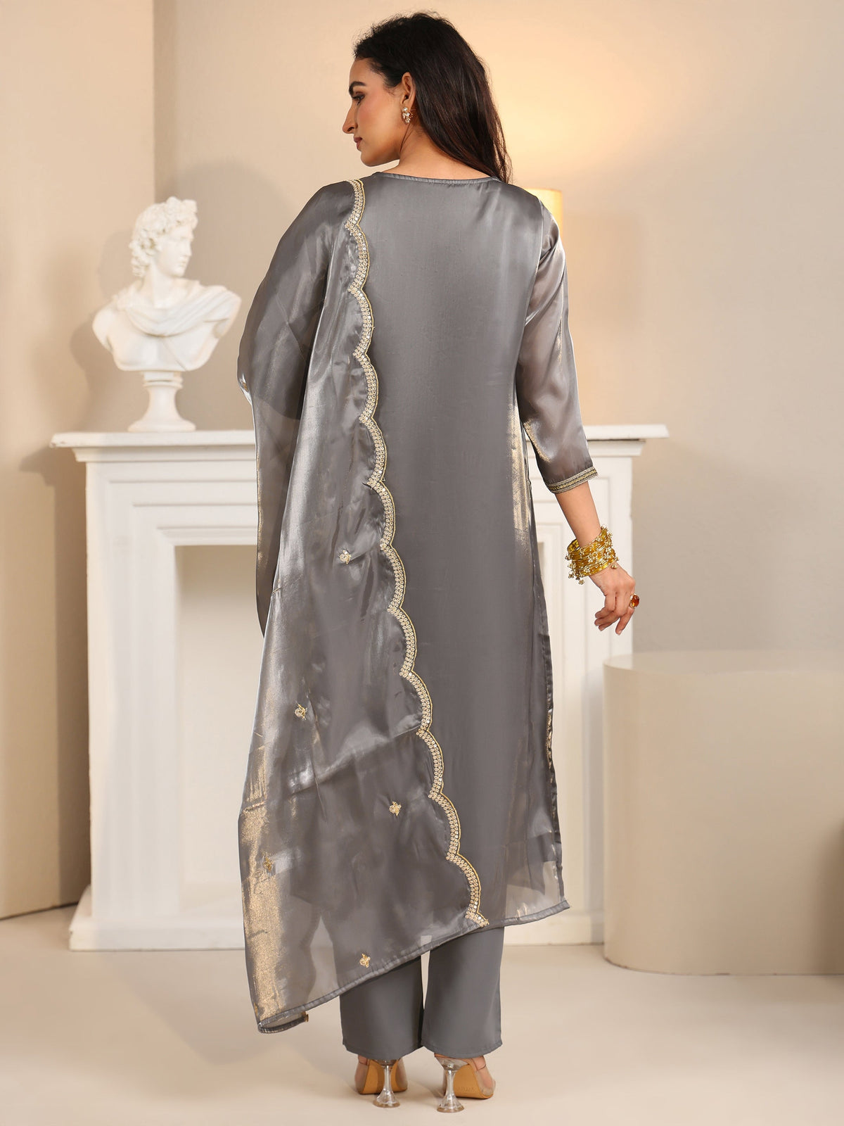 Anouk Slate Grey Floral Embellished Tissue Straight Suit Set
