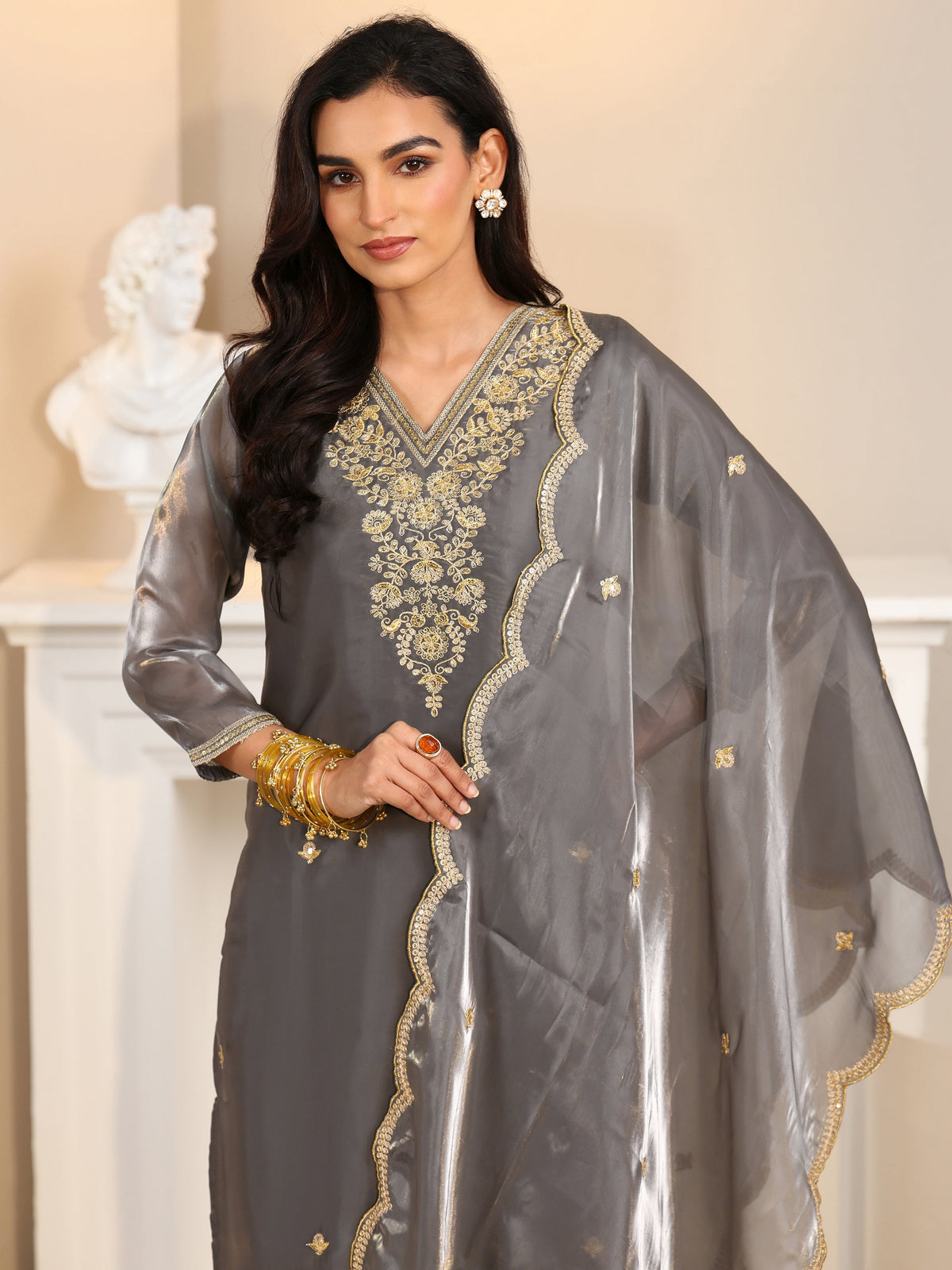 Anouk Slate Grey Floral Embellished Tissue Straight Suit Set