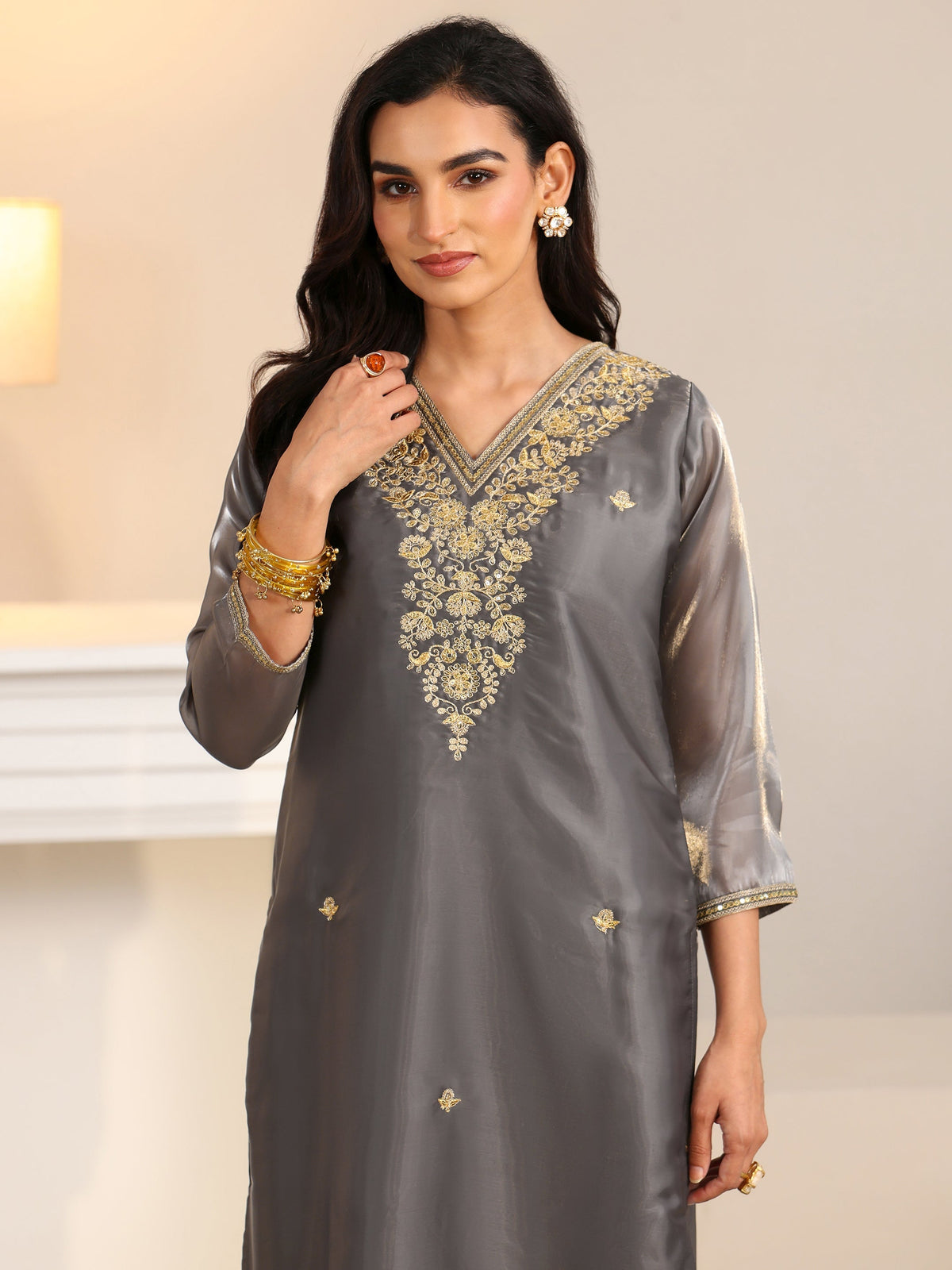 Anouk Slate Grey Floral Embellished Tissue Straight Suit Set