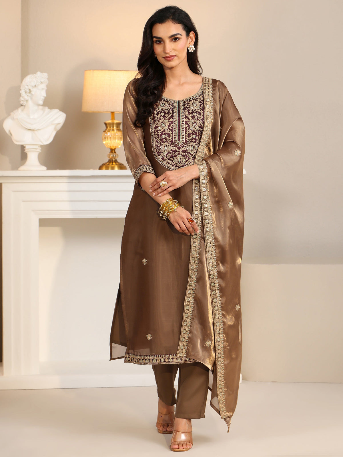 Anouk Taupe Tissue Straight Suit Set with Embellished Yoke