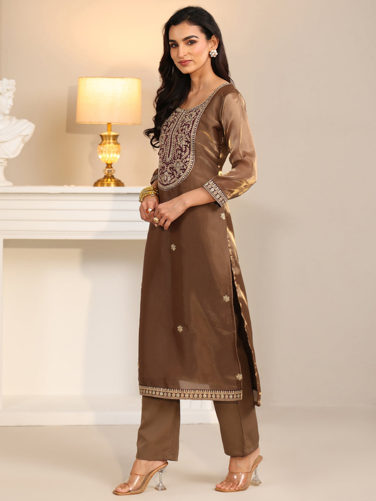Anouk Taupe Tissue Straight Suit Set with Embellished Yoke