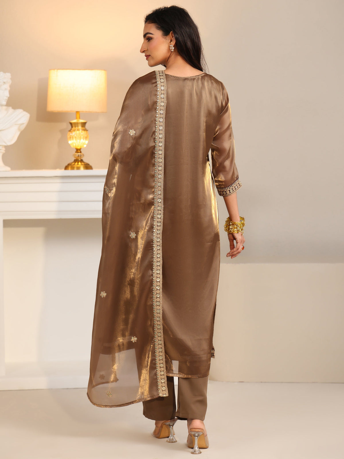 Anouk Taupe Tissue Straight Suit Set with Embellished Yoke