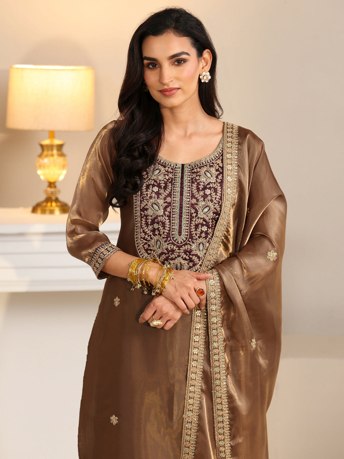 Anouk Taupe Tissue Straight Suit Set with Embellished Yoke
