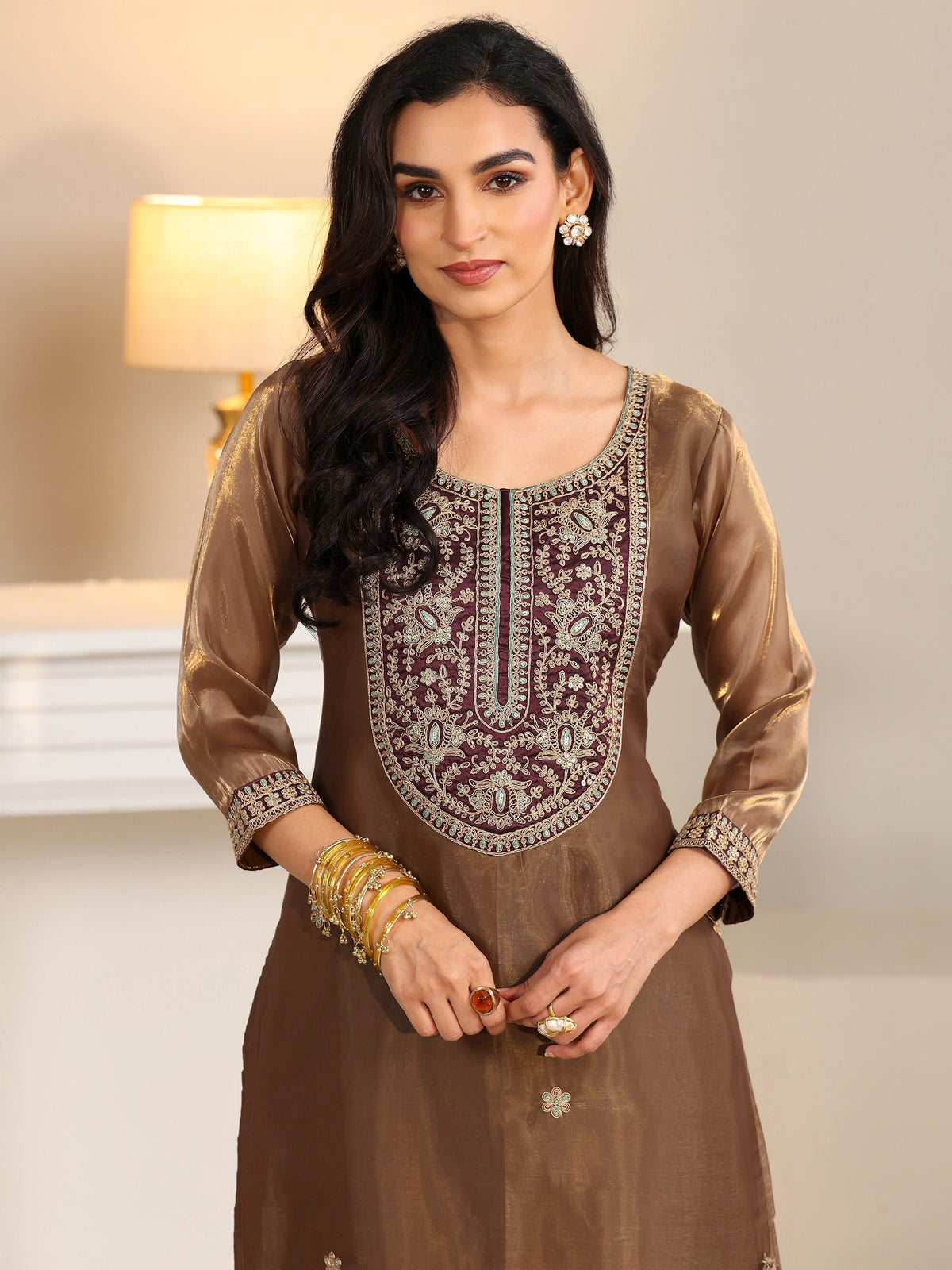 Anouk Taupe Tissue Straight Suit Set with Embellished Yoke