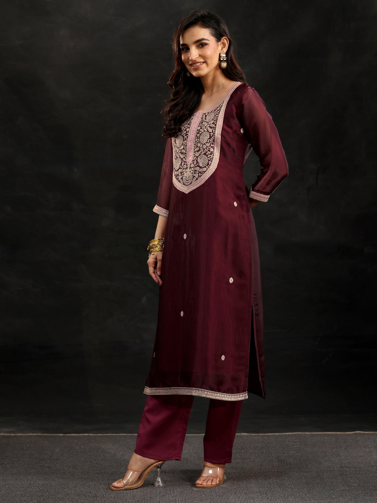 Anouk Maroon Yoke Design Tissue Straight Suit Set