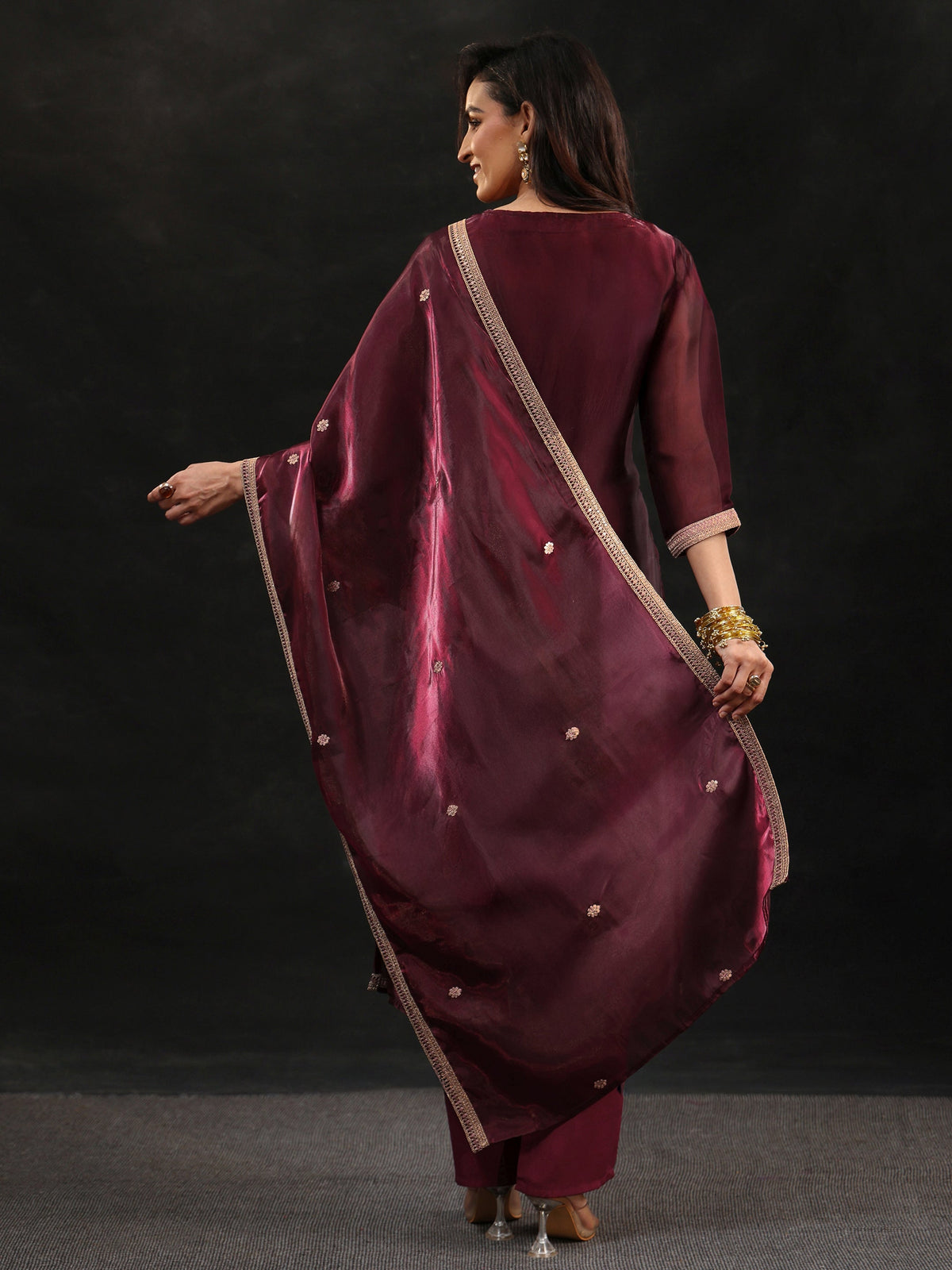 Anouk Maroon Yoke Design Tissue Straight Suit Set