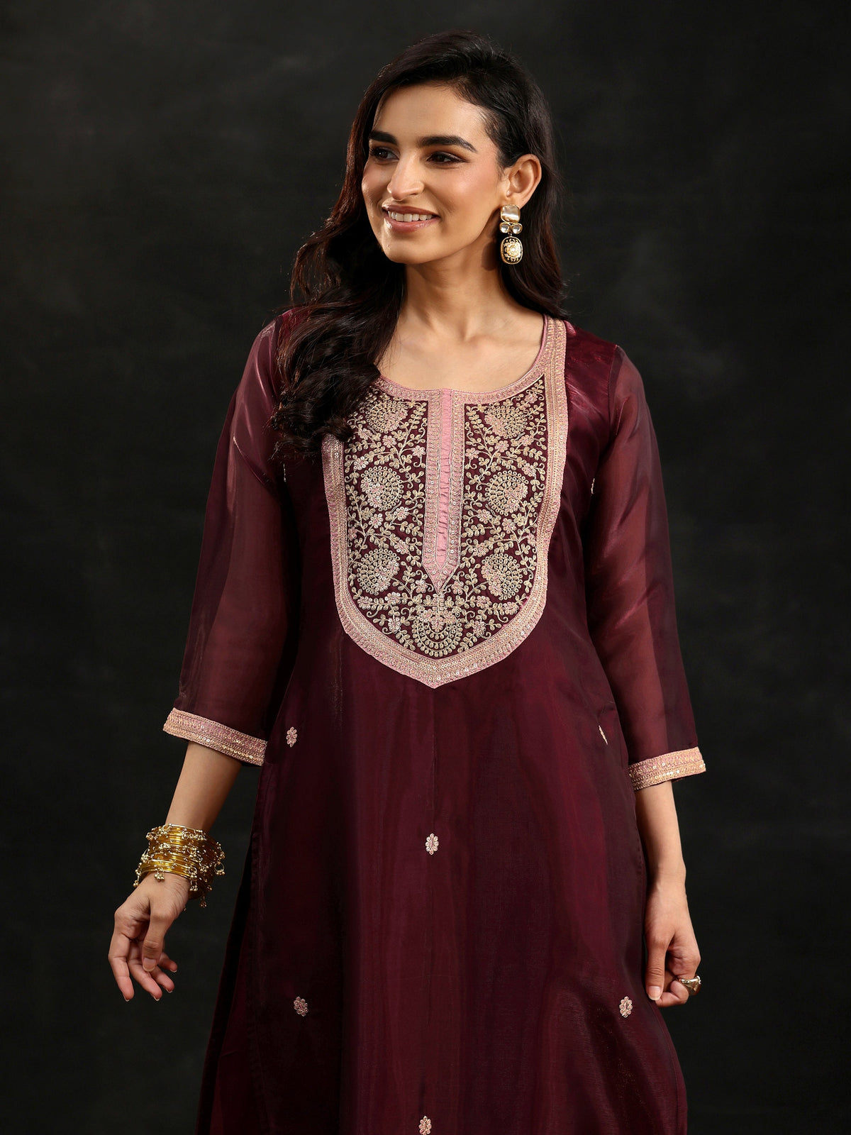 Anouk Maroon Yoke Design Tissue Straight Suit Set