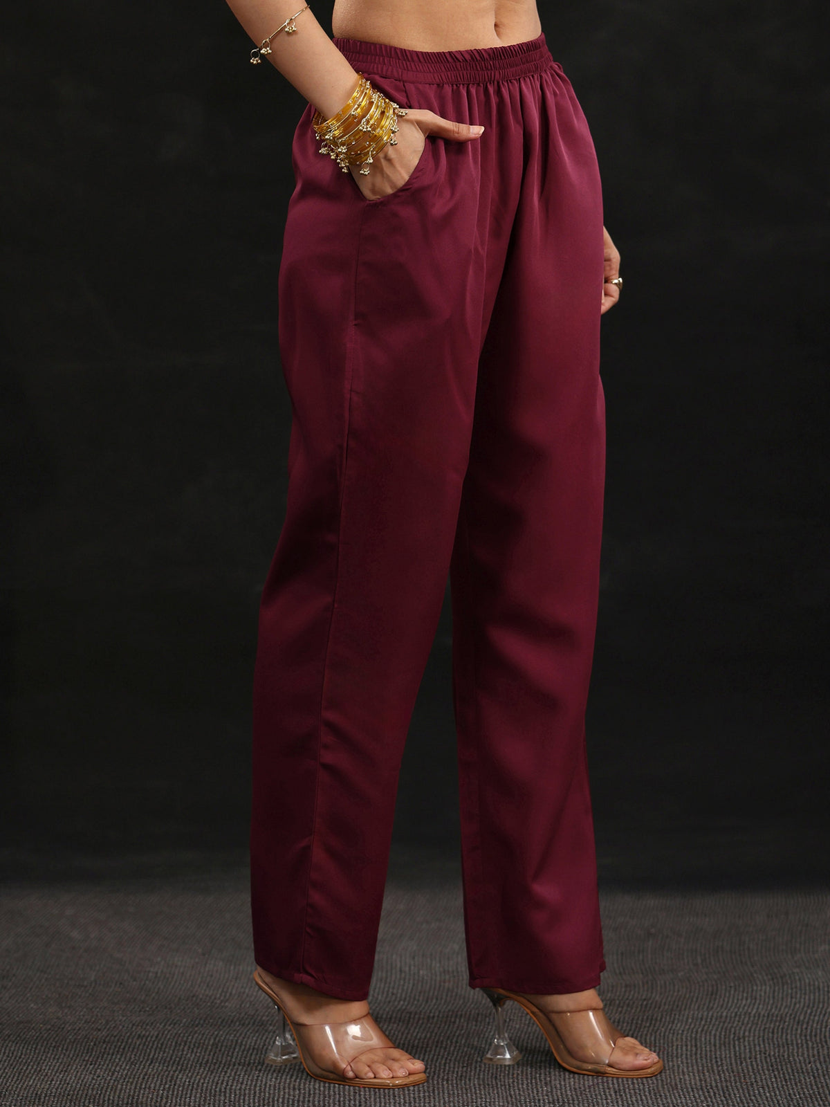 Anouk Maroon Yoke Design Tissue Straight Suit Set