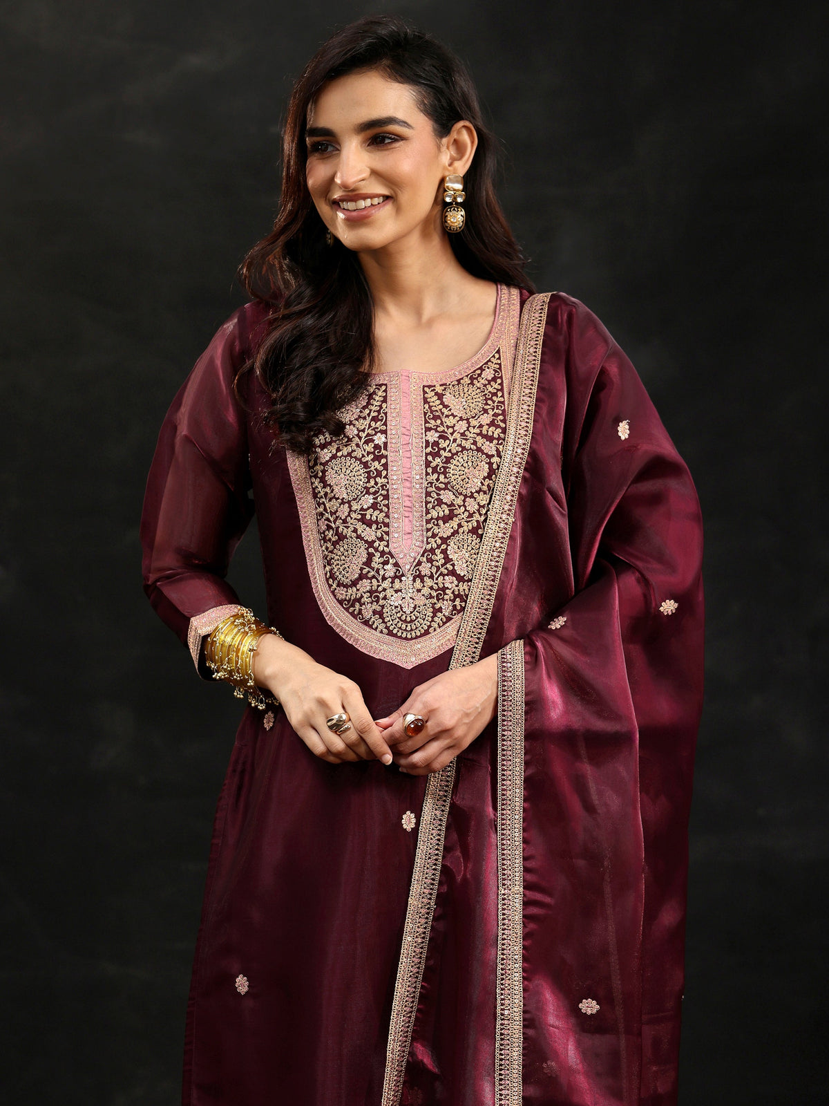 Anouk Maroon Yoke Design Tissue Straight Suit Set