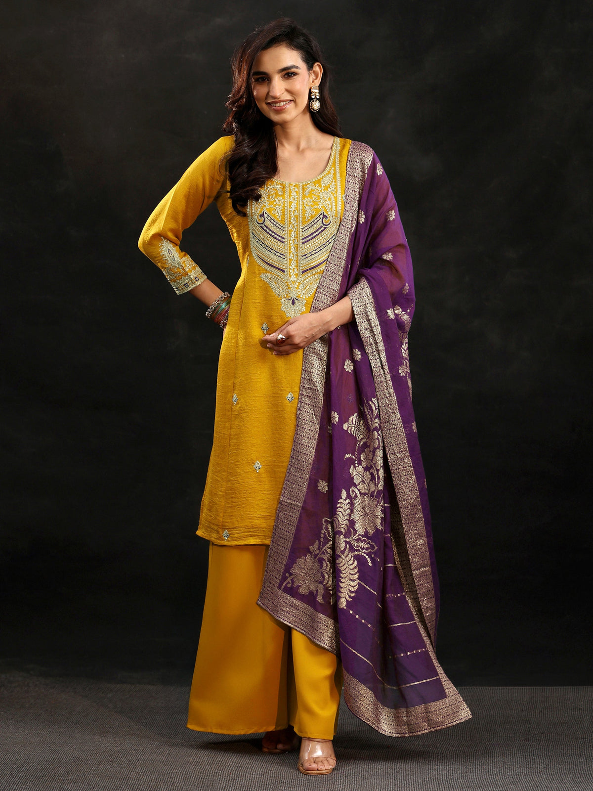 Anouk Mustard Yoke Design Silk Blend Palazzo Suit Set