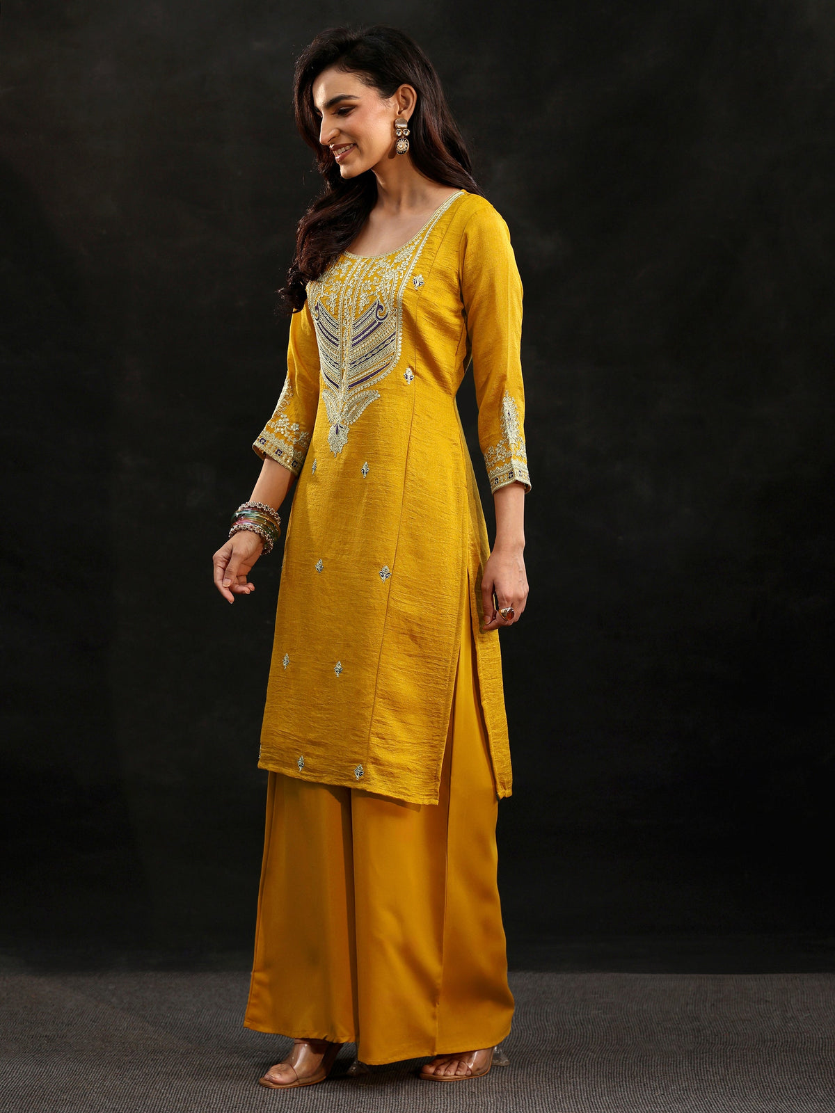 Anouk Mustard Yoke Design Silk Blend Palazzo Suit Set