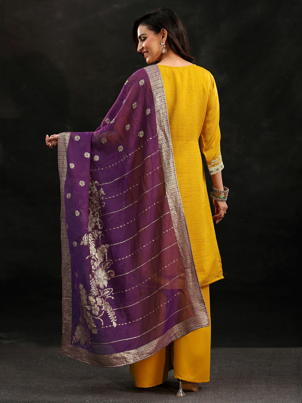 Anouk Mustard Yoke Design Silk Blend Palazzo Suit Set