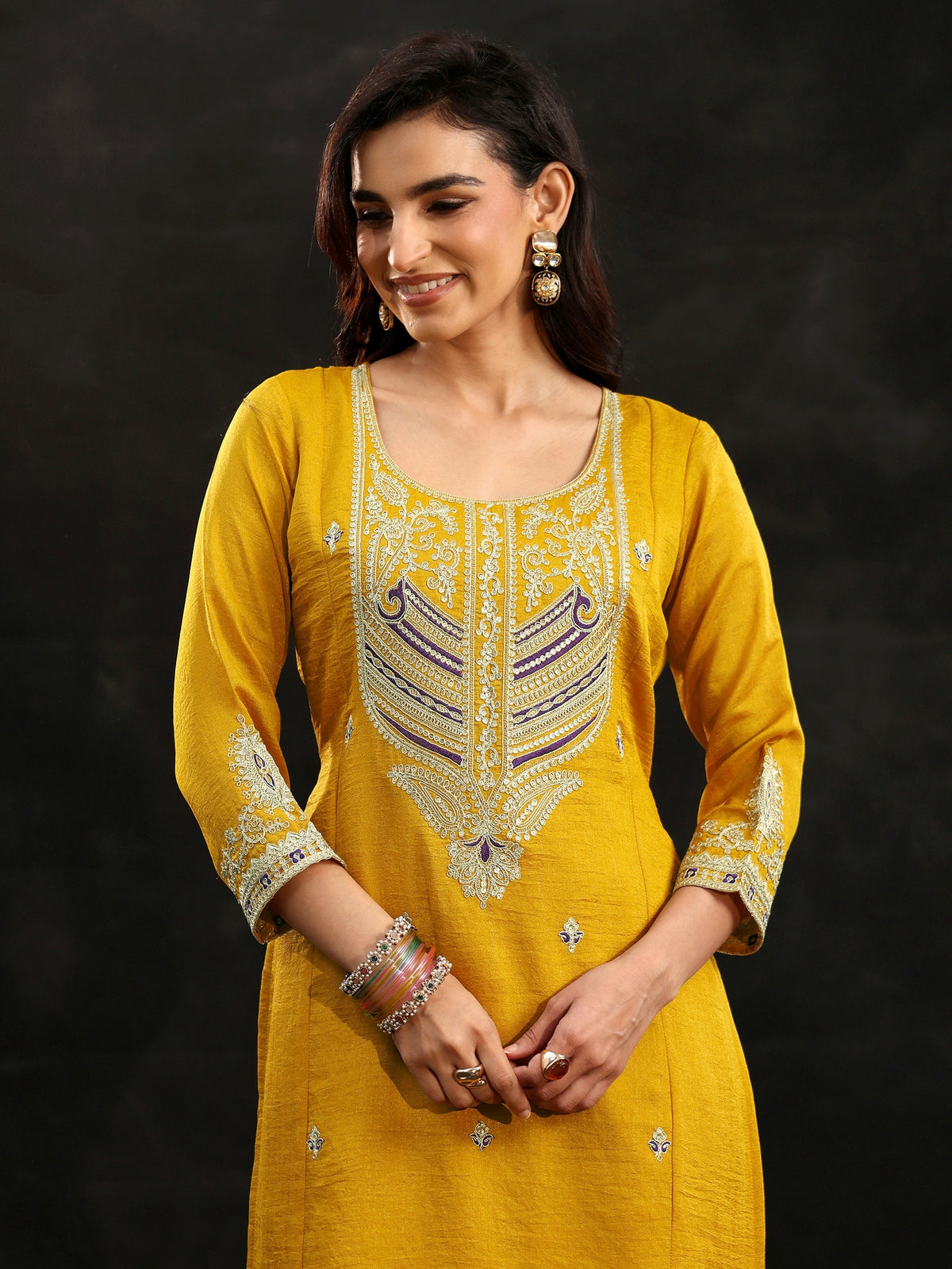 Anouk Mustard Yoke Design Silk Blend Palazzo Suit Set