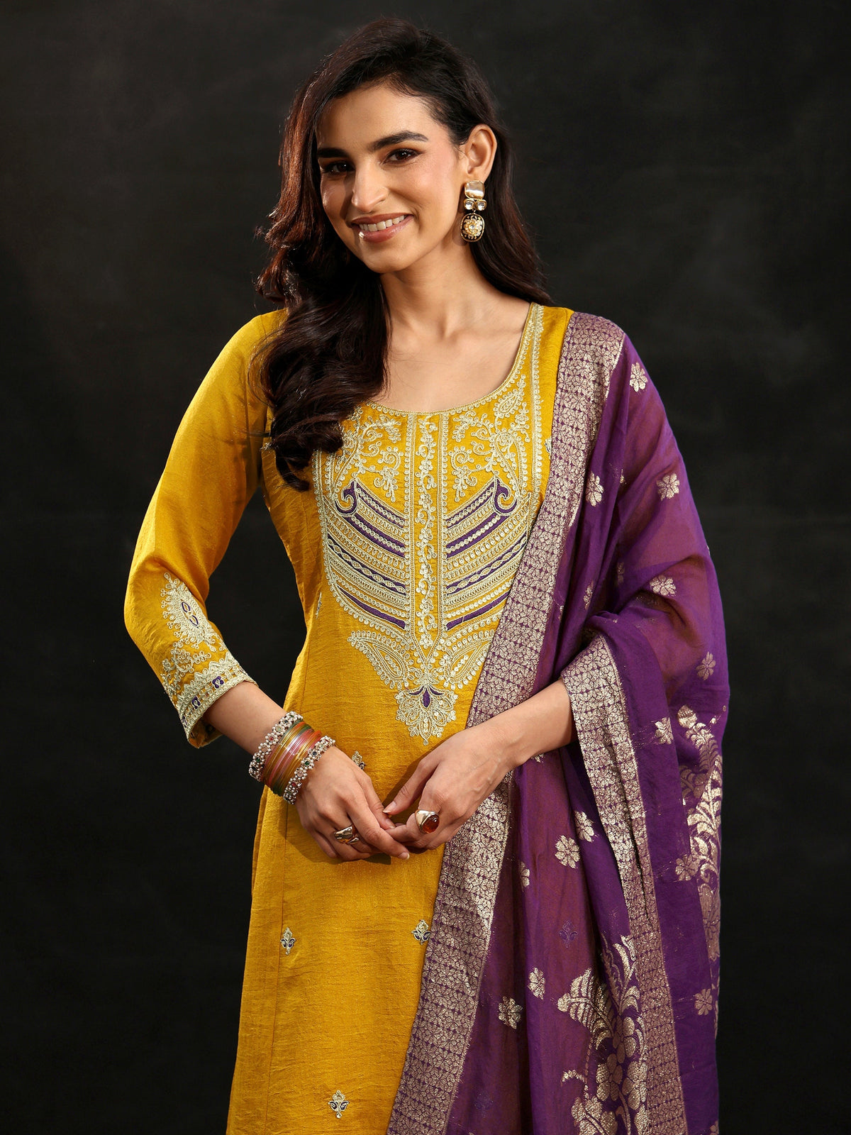 Anouk Mustard Yoke Design Silk Blend Palazzo Suit Set