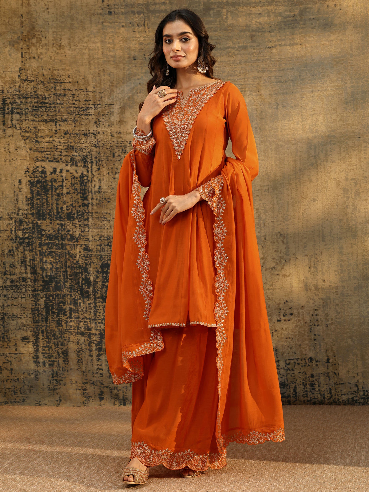 Anouk Orange Embroidered Chanderi Cotton Anarkali Palazzo Suit Set