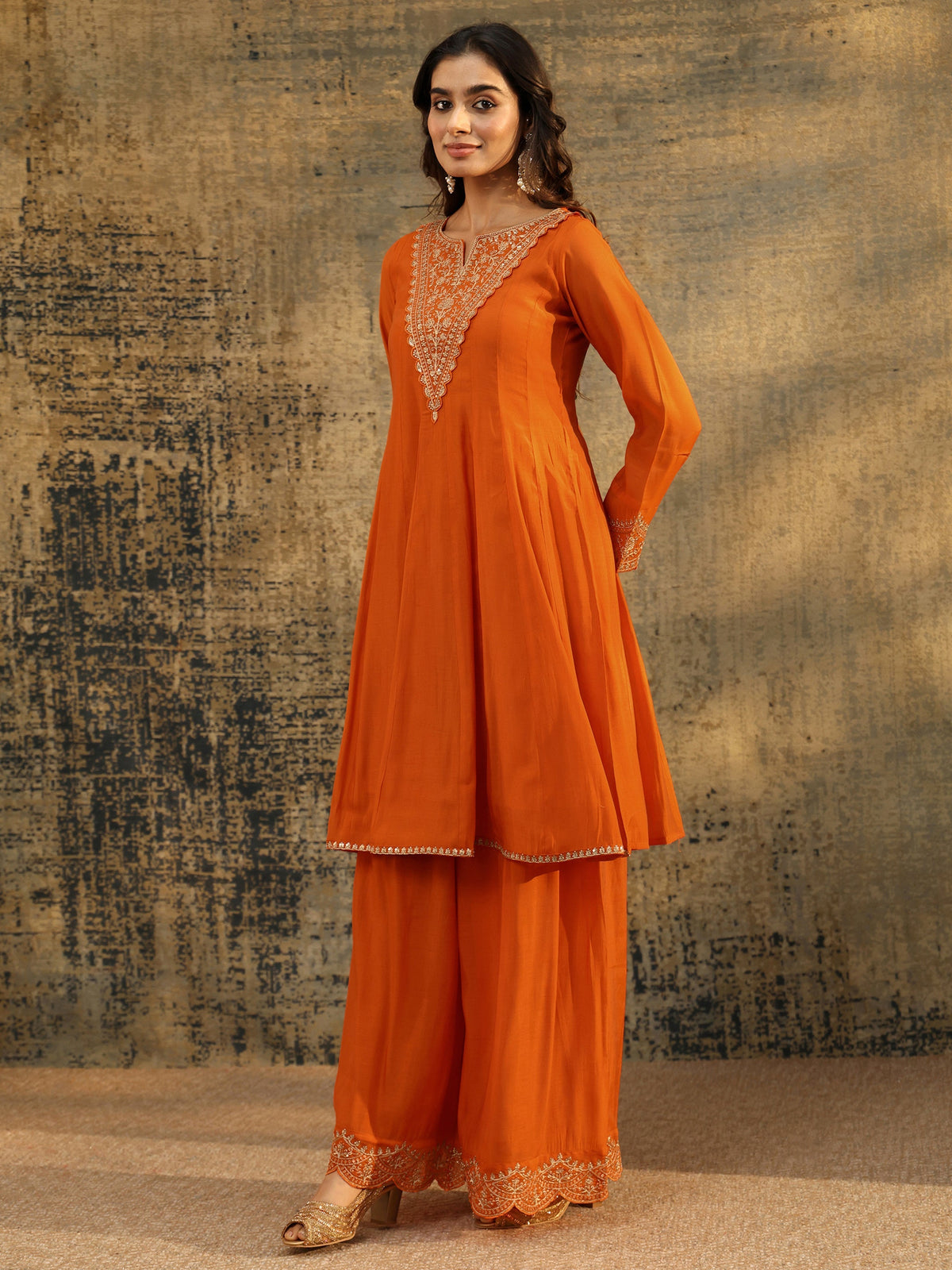 Anouk Orange Embroidered Chanderi Cotton Anarkali Palazzo Suit Set