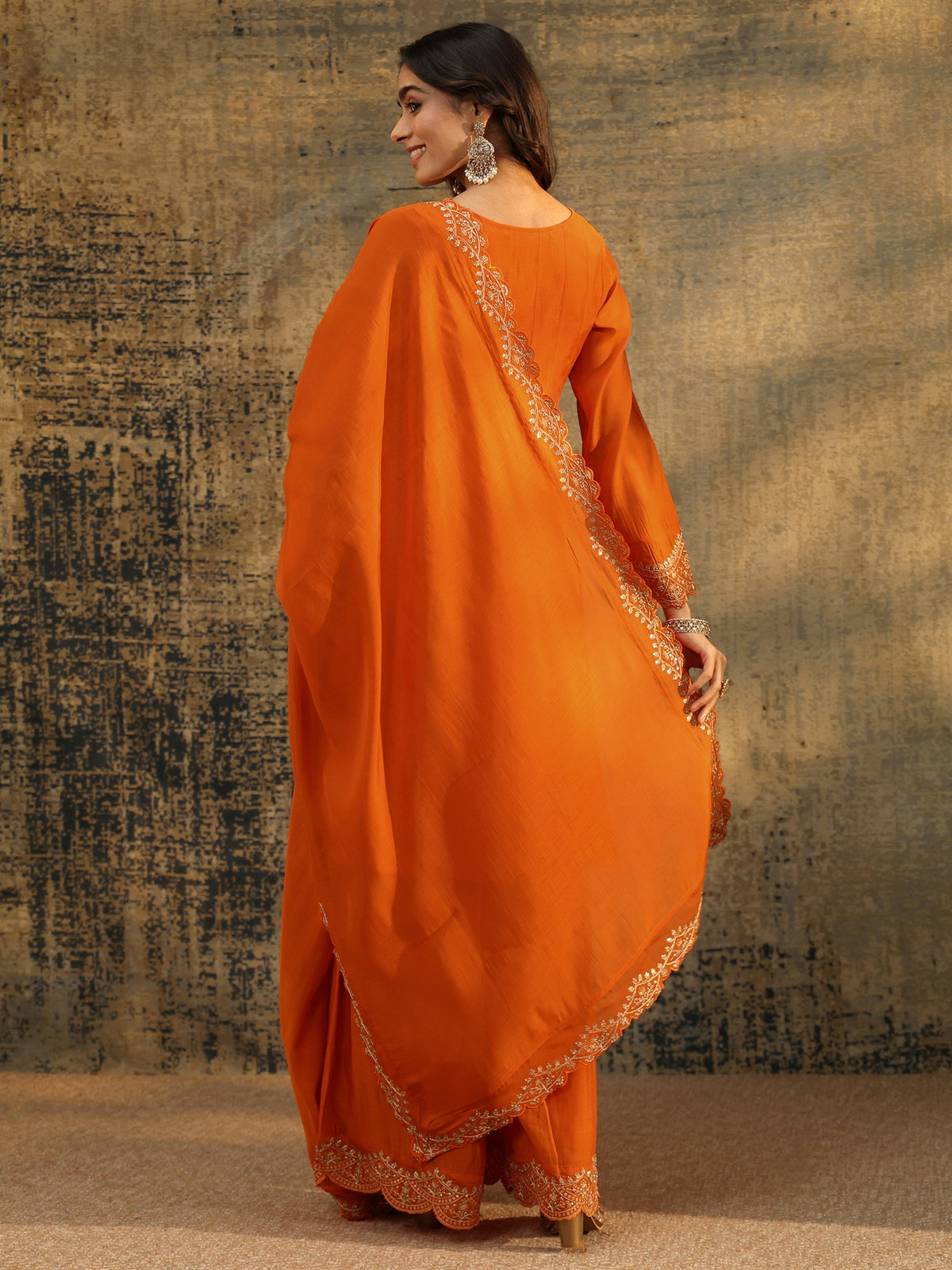 Anouk Orange Embroidered Chanderi Cotton Anarkali Palazzo Suit Set