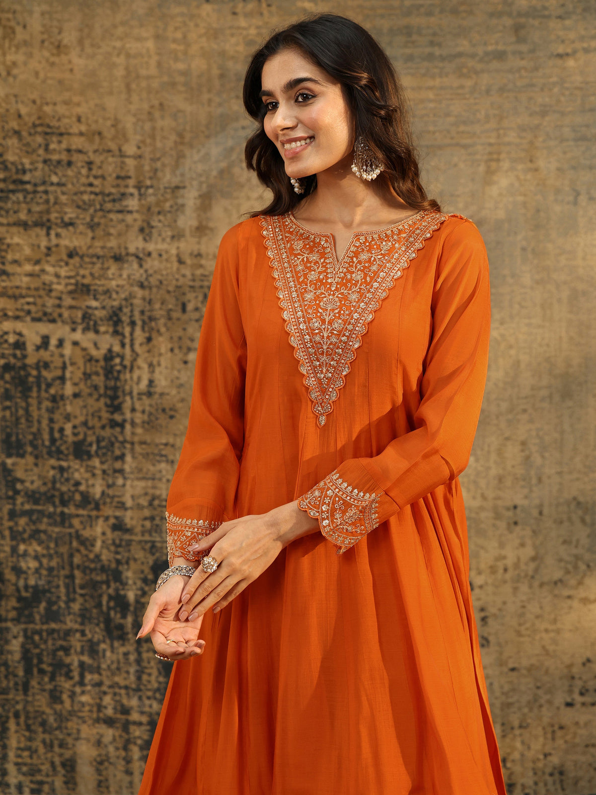 Anouk Orange Embroidered Chanderi Cotton Anarkali Palazzo Suit Set
