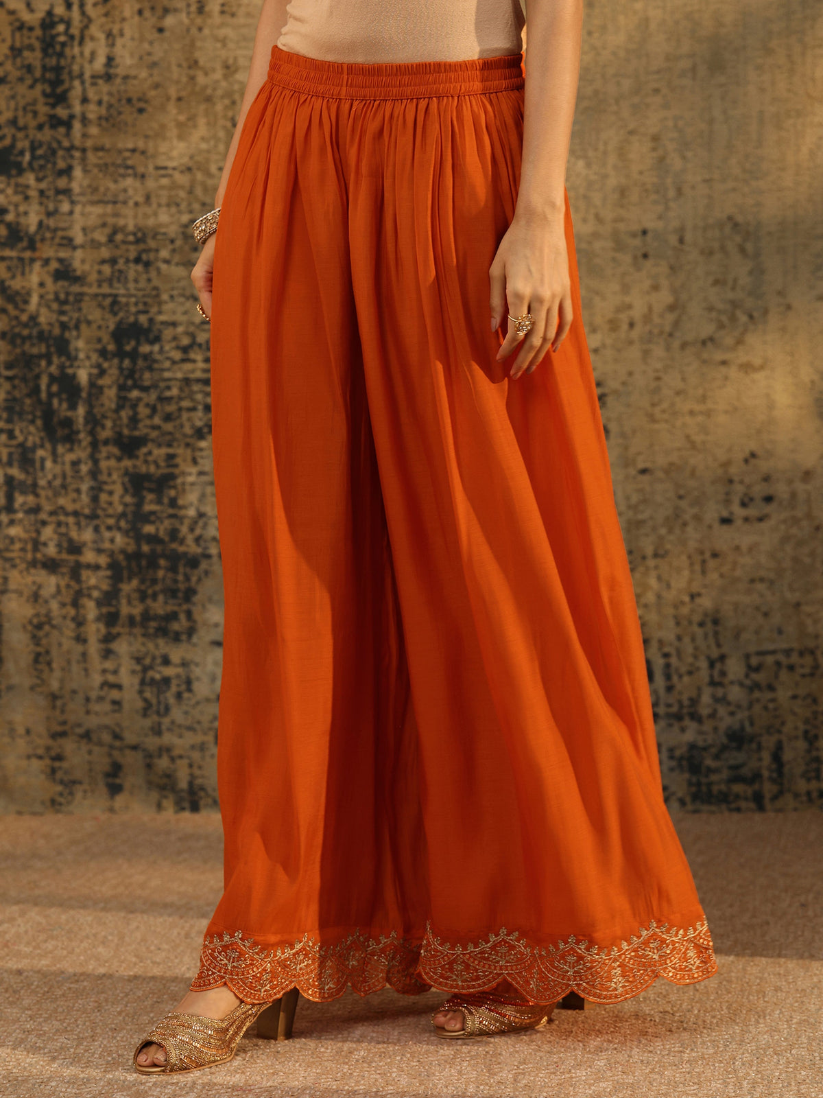 Anouk Orange Embroidered Chanderi Cotton Anarkali Palazzo Suit Set