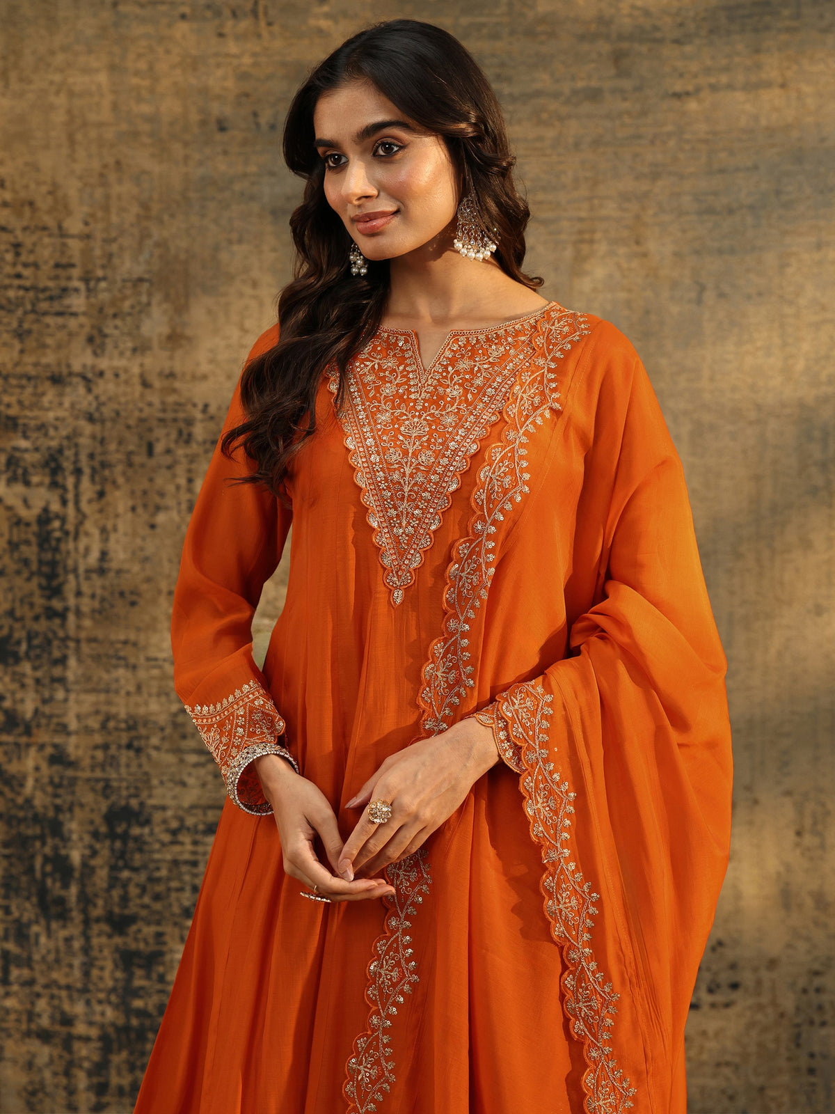 Anouk Orange Embroidered Chanderi Cotton Anarkali Palazzo Suit Set