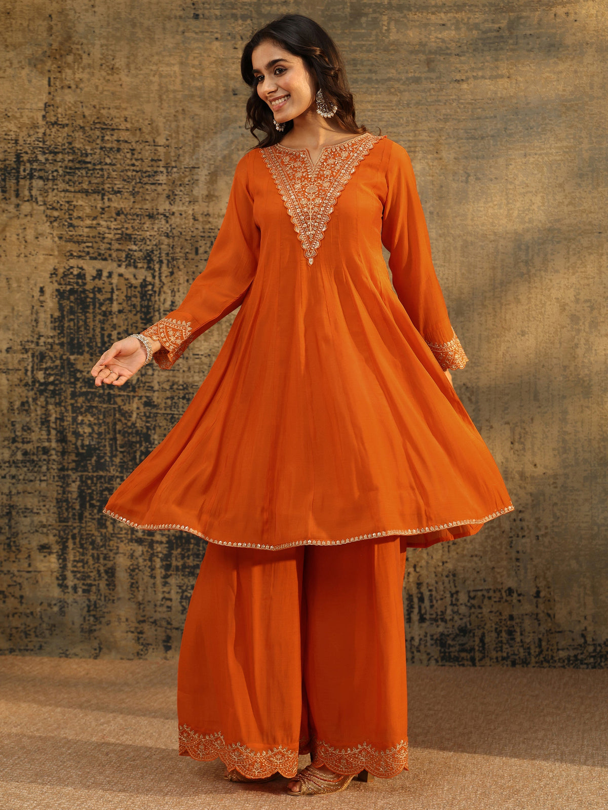 Anouk Orange Embroidered Chanderi Cotton Anarkali Palazzo Suit Set