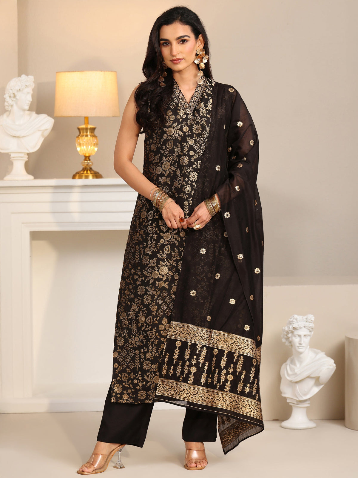 Anouk Black Floral Woven Design Silk Blend Straight Suit Set