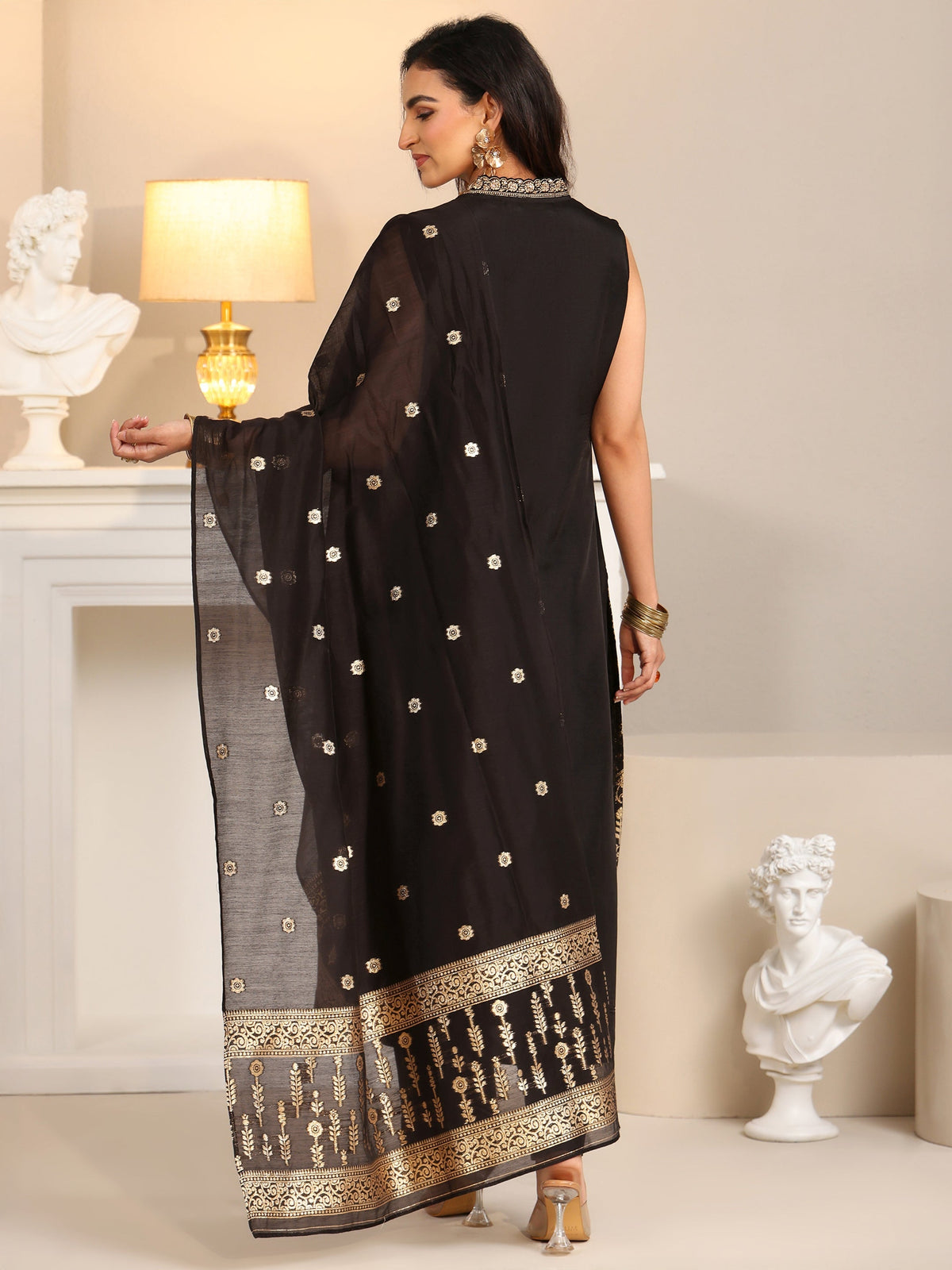 Anouk Black Floral Woven Design Silk Blend Straight Suit Set