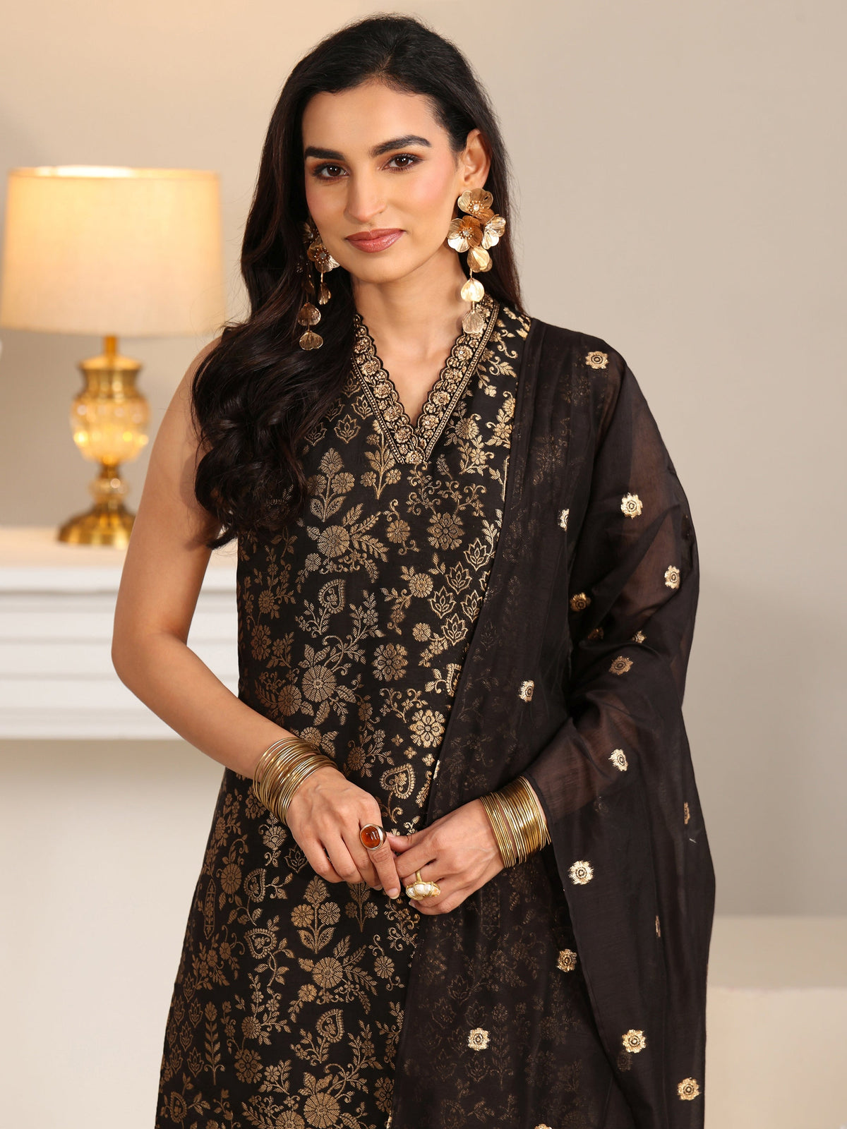 Anouk Black Floral Woven Design Silk Blend Straight Suit Set