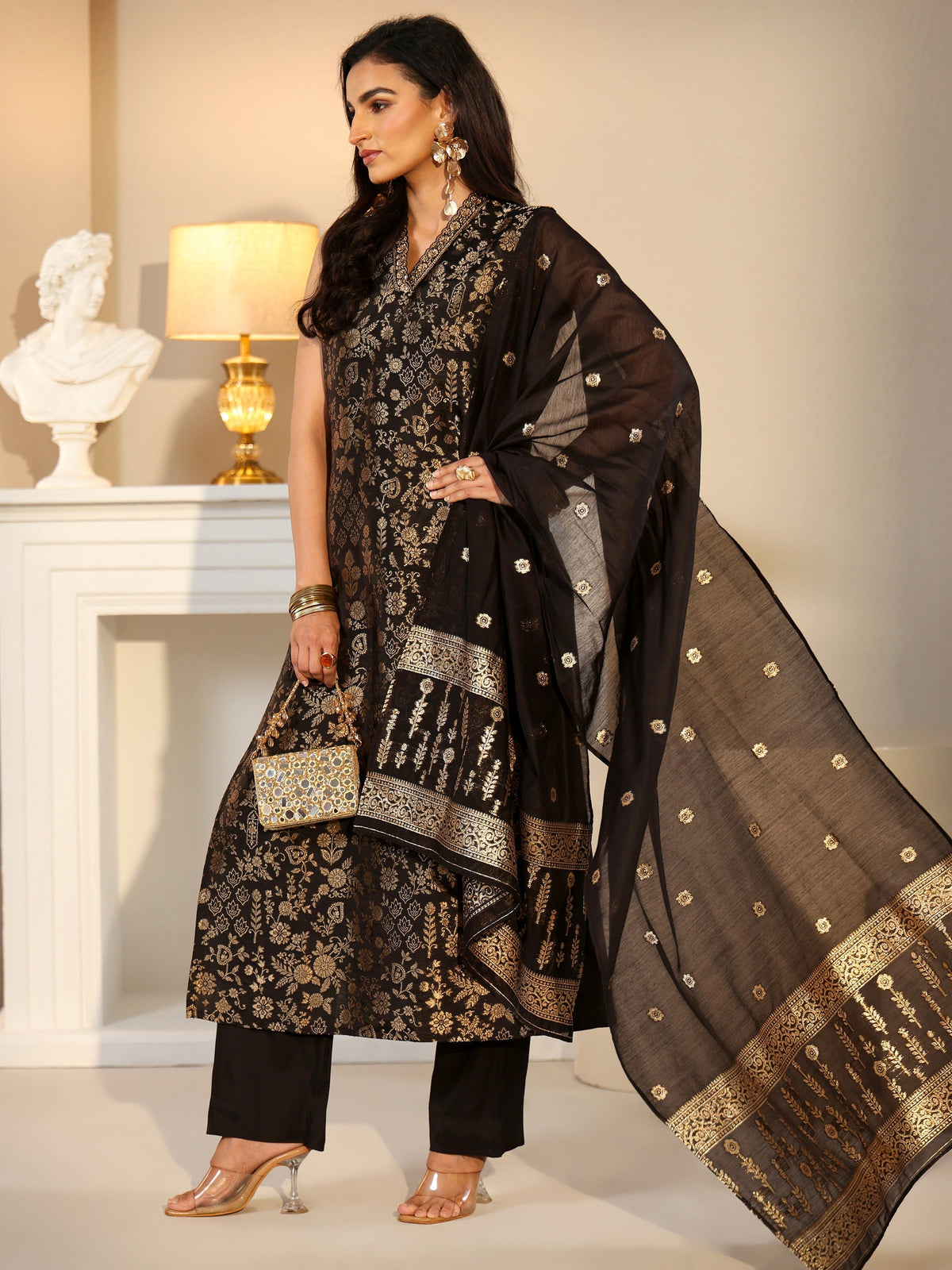 Anouk Black Floral Woven Design Silk Blend Straight Suit Set